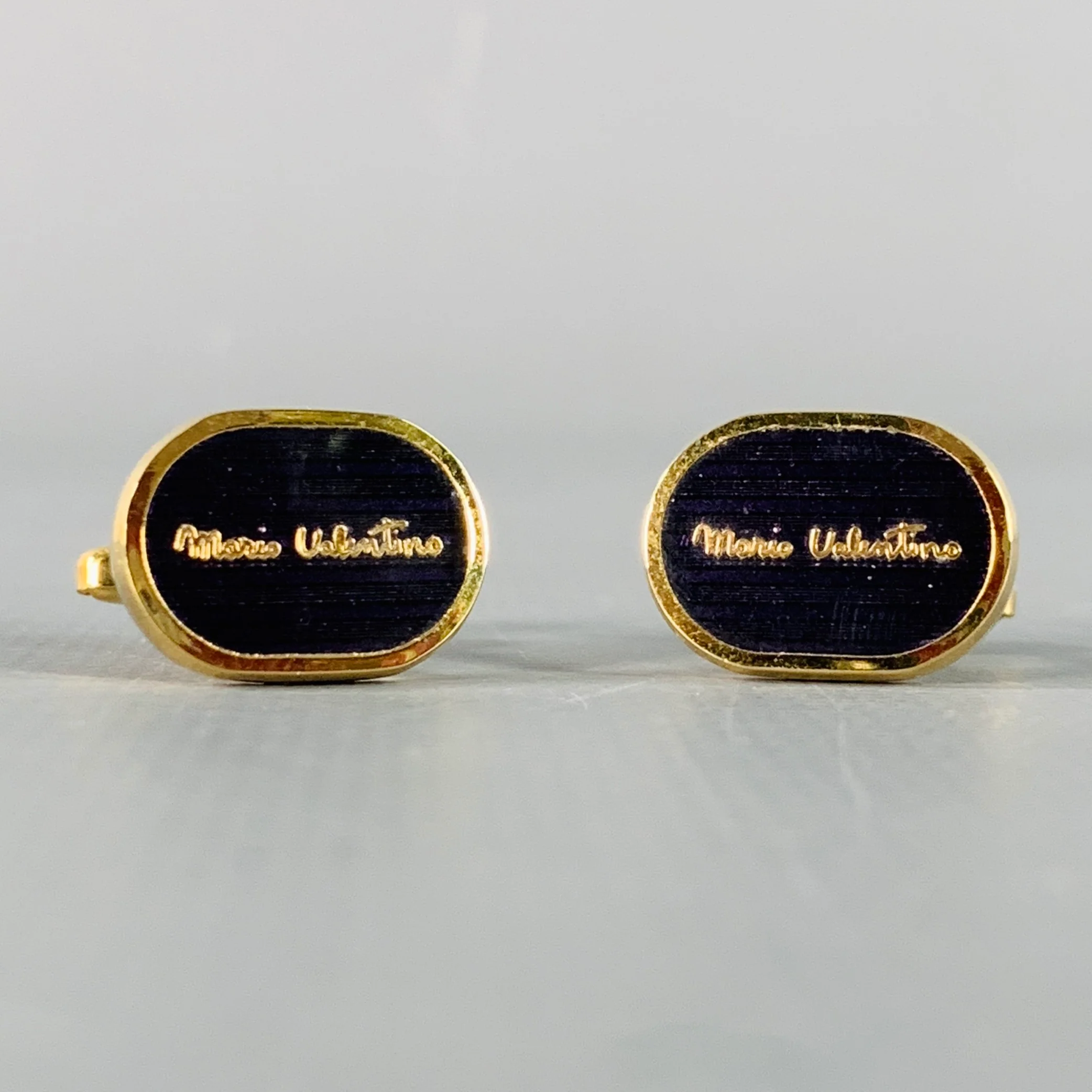 MARIO VALENTINO Vintage Purple Gold Tone Signature Metal Cuff Links