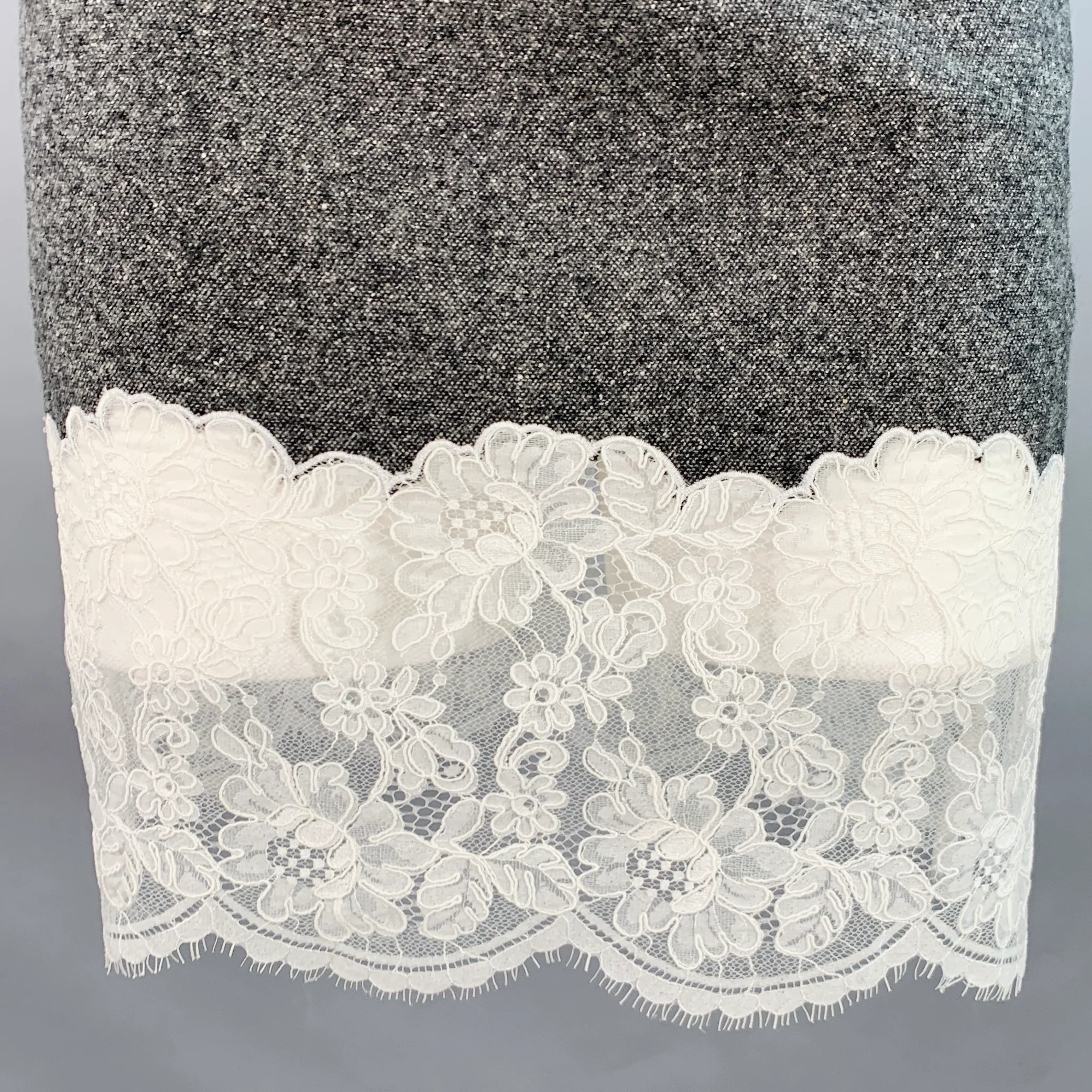 MARK GONG Size 0 Grey White Wool Blend Tweed Spaghetti Straps Lace Trim Dress - Image 2