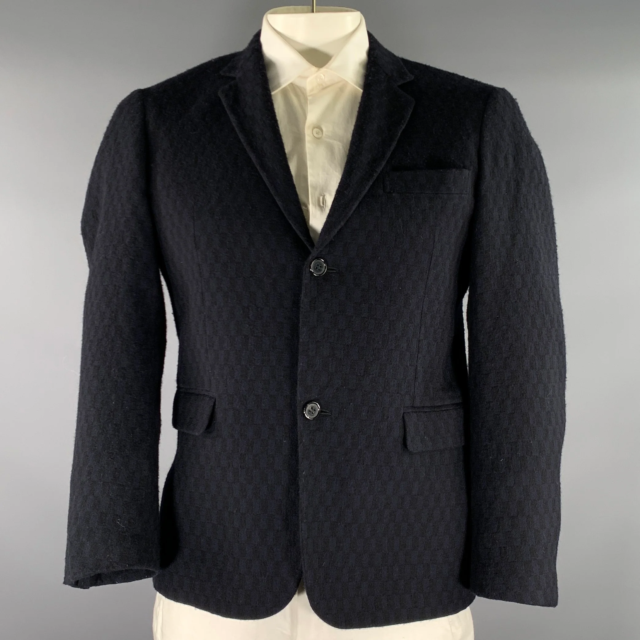 MARNI Chest Size 42 Navy Geometric Wool Notch Lapel Sport Coat
