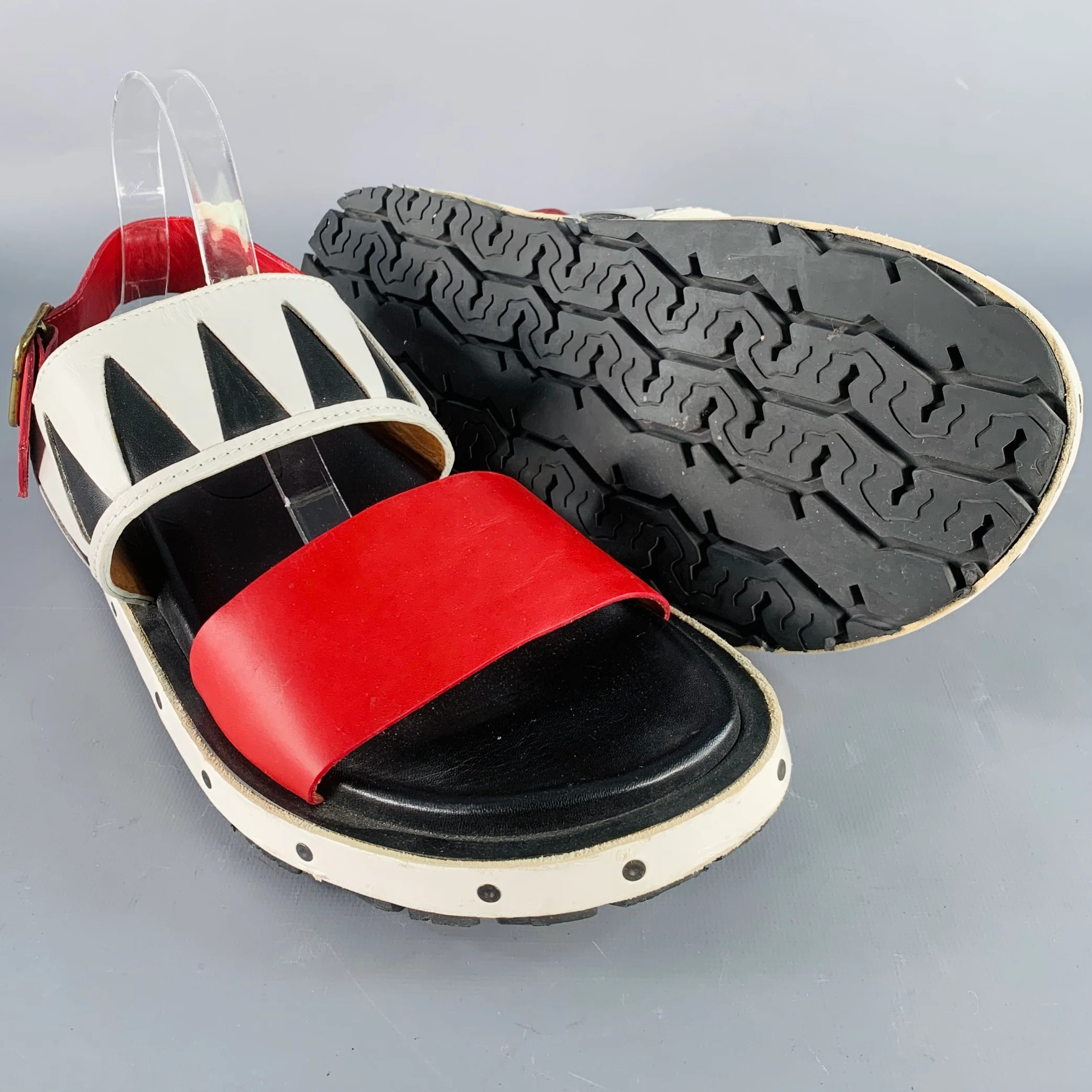 MARNI Size 10 Red Black White Color Block Leather Buckle Sandals - Image 5