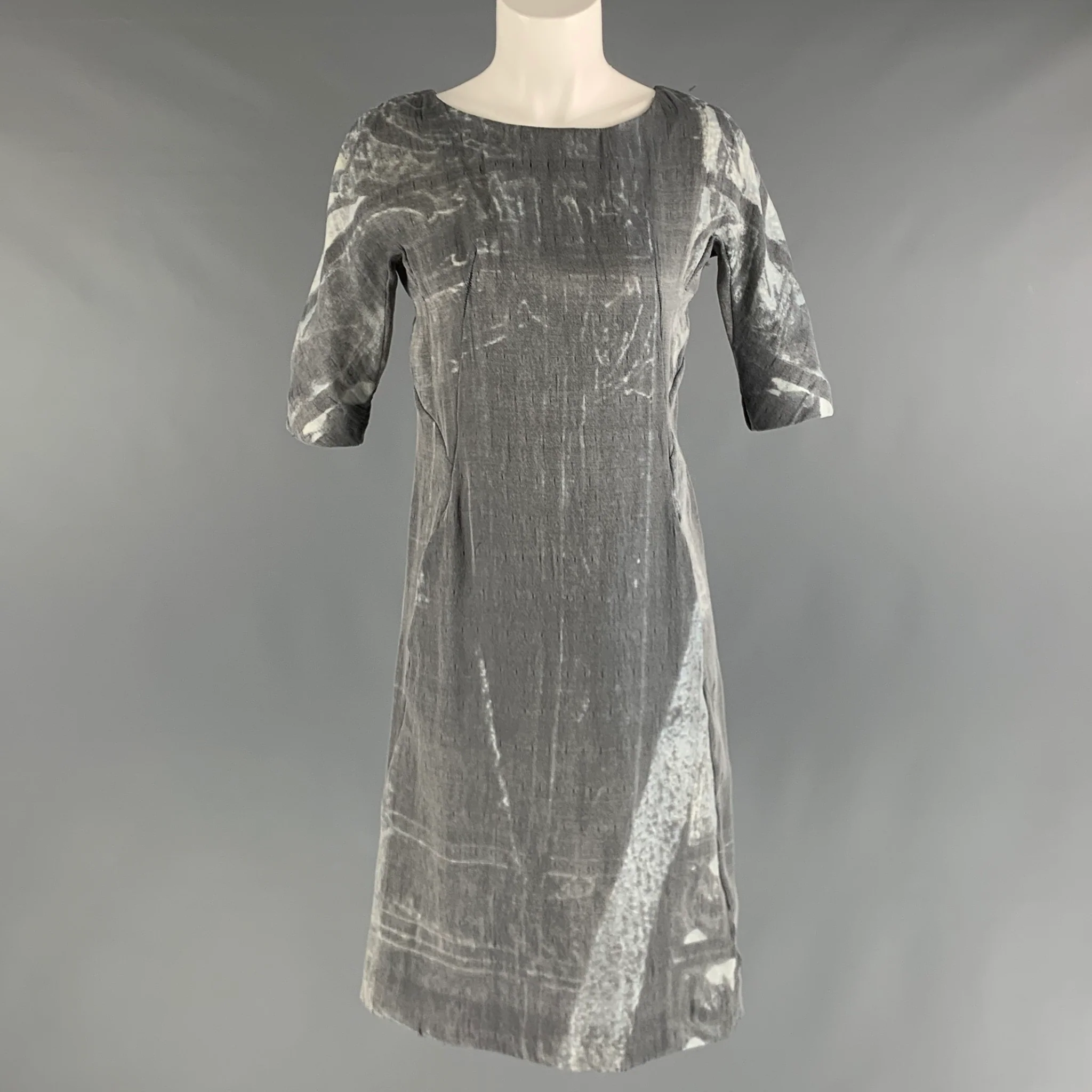 MARNI Size 2 Grey Silver Polyester Silk Marbled Short Sleeve Dress