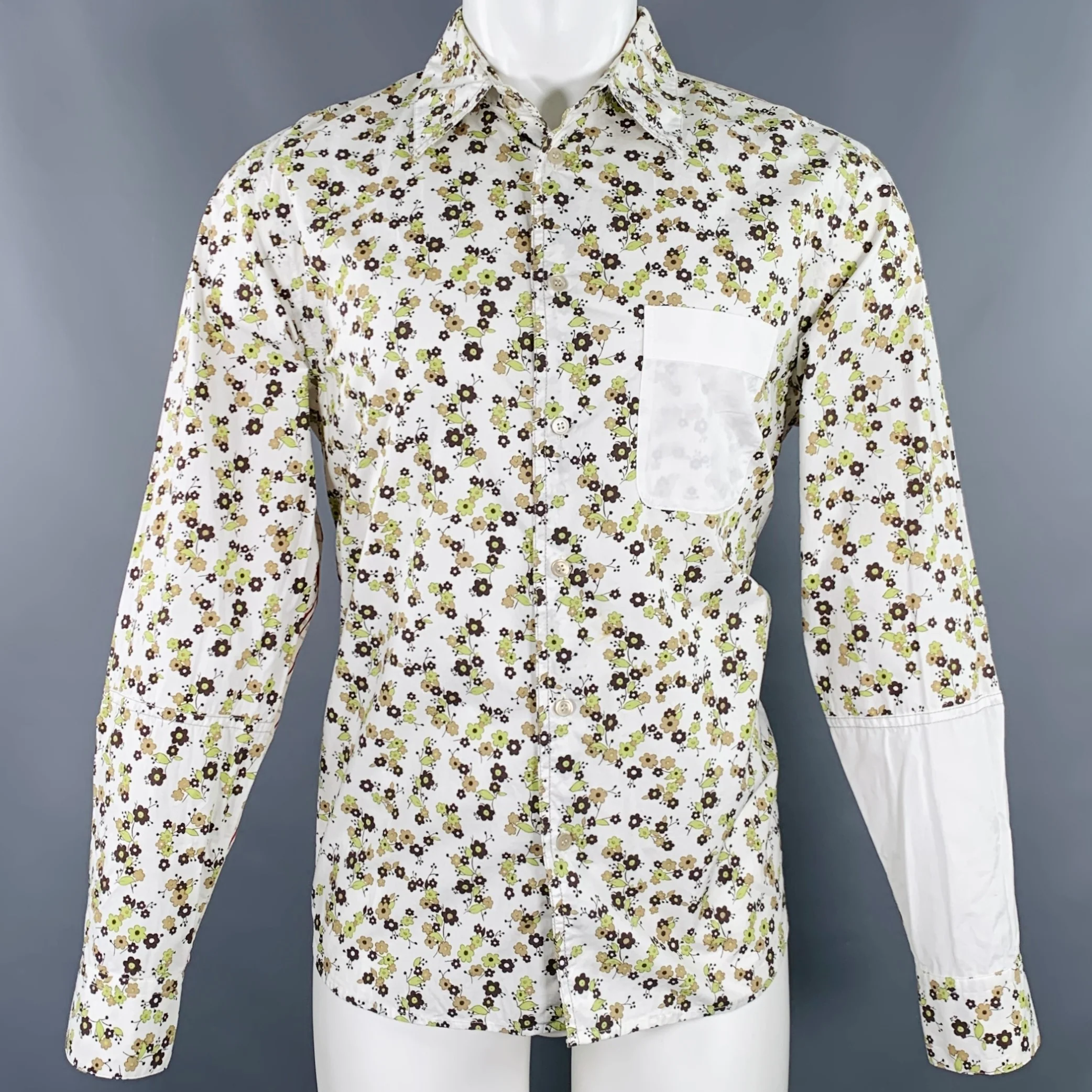 MARNI Size 36 White Green Brown Floral Cotton One Pocket Long Sleeve Shirt