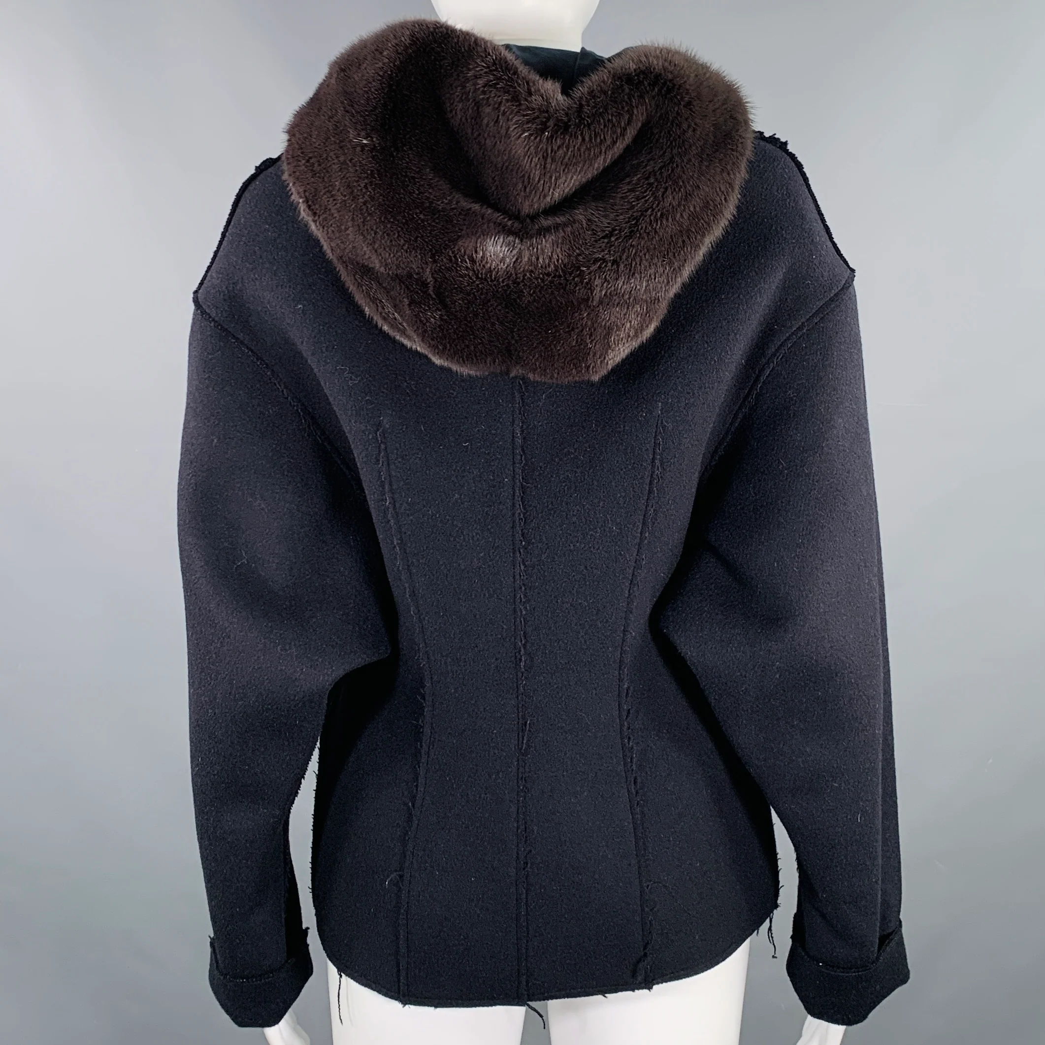 MARNI Size 4 Black Wool Blend Raw Edge Hooded Jacket - Image 4