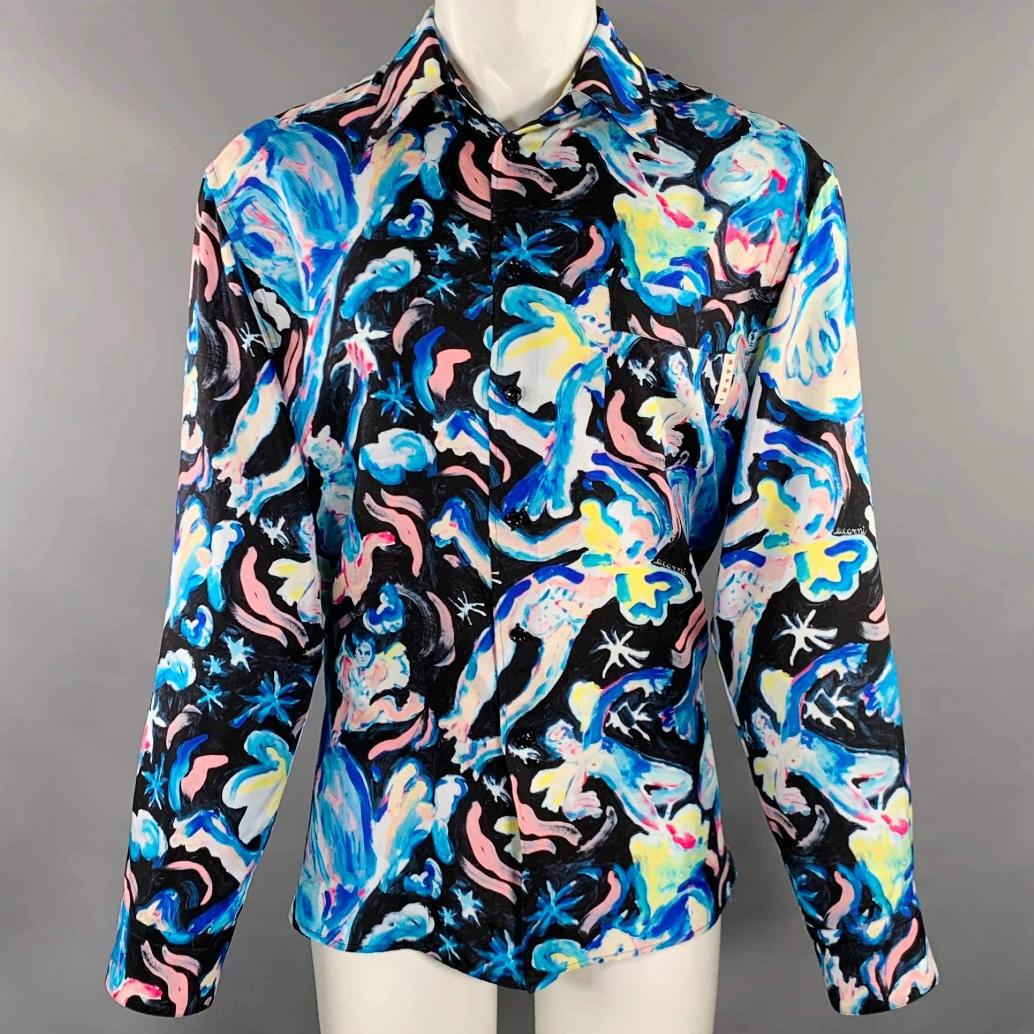 MARNI Size 40 Flaminia Veronesi Blue Black Print Silk Button Up Long Sleeve Shirt