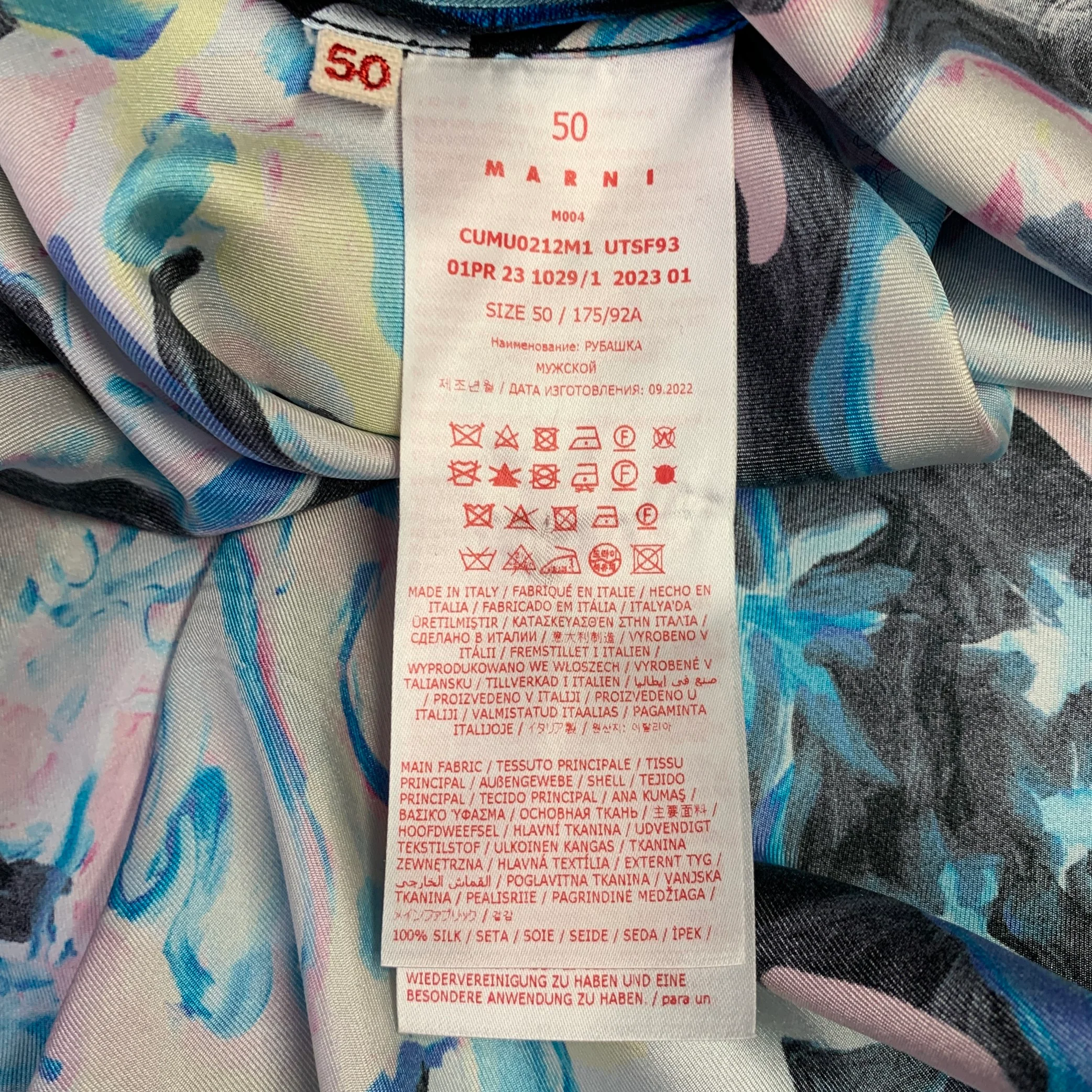 MARNI Size 40 Flaminia Veronesi Blue Black Print Silk Button Up Long Sleeve Shirt - Image 6