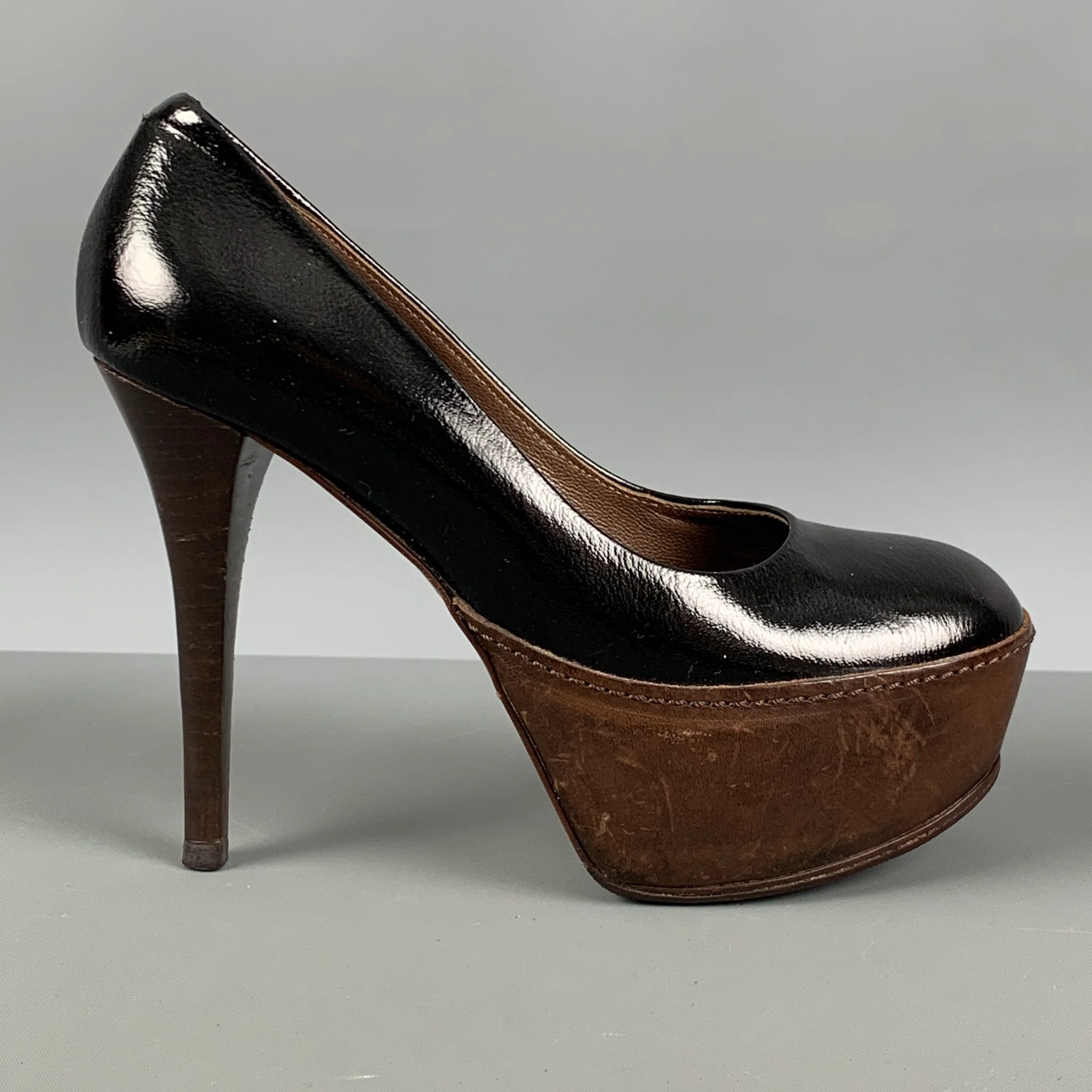 MARNI Size 5.5 Black Brown Two Tone Patent Leather Platform Pumps - Image 2