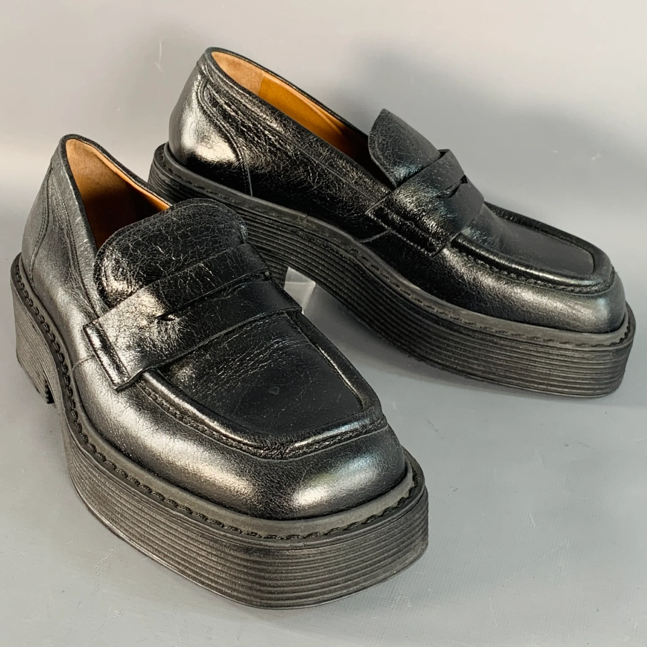MARNI Size 9 Black Leather Platform Penny Loafer Flats