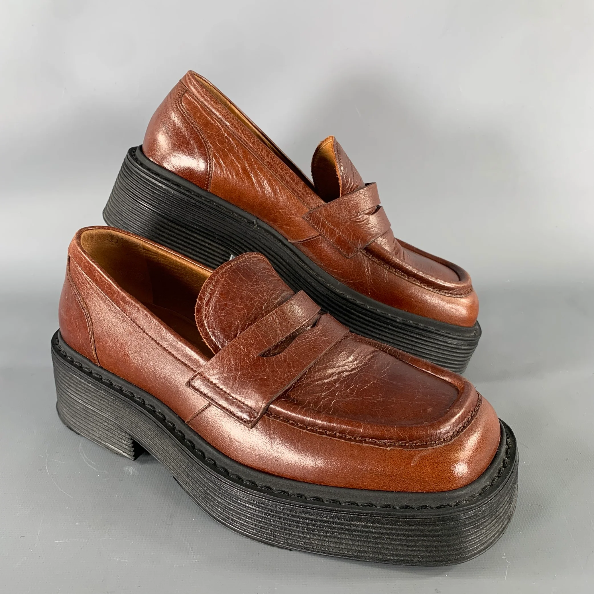 MARNI Size 9 Brown Leather Square Toe Flats Chuncky Shoes