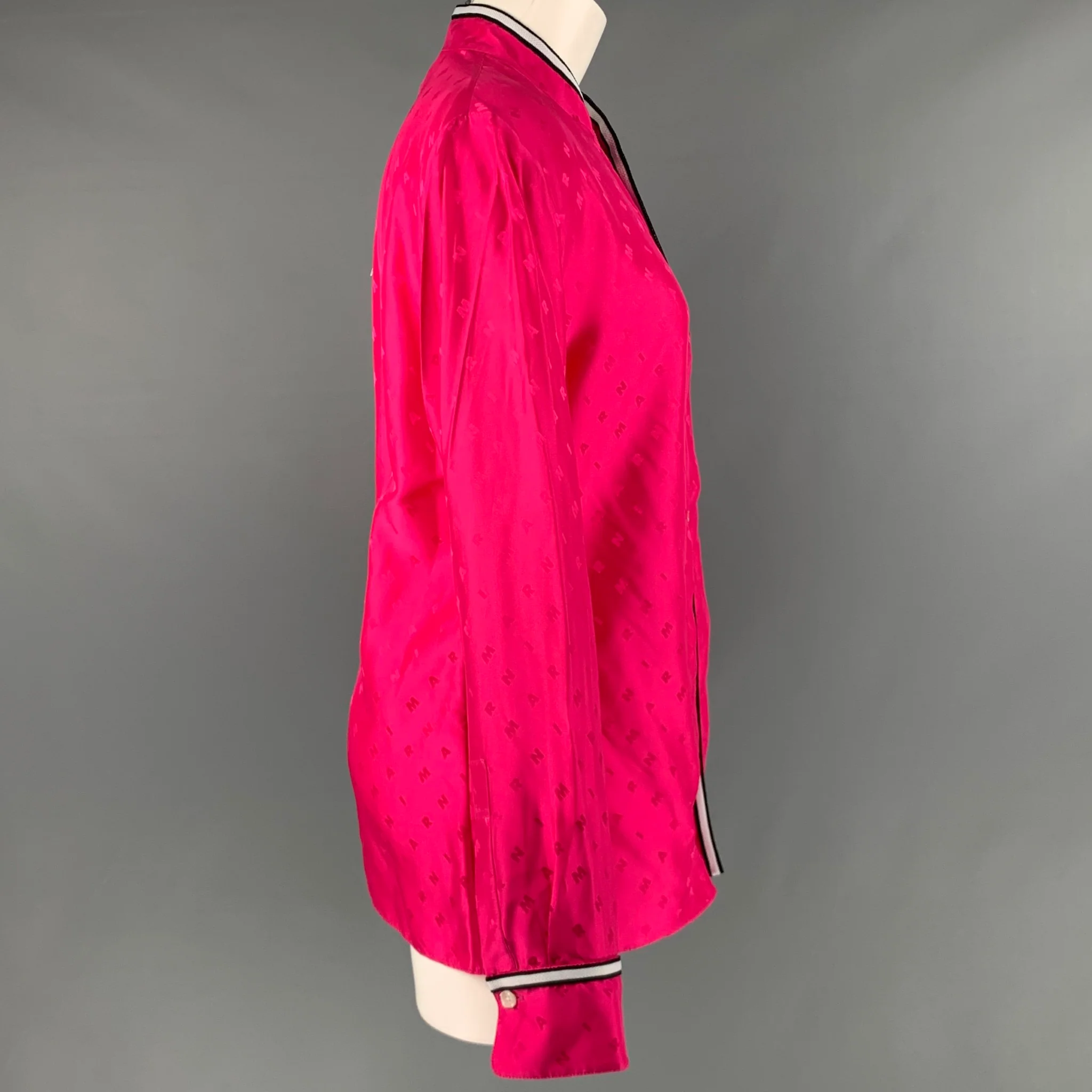 MARNI Size M Pink Monogram Viscose Nehru Collar Long Sleeve Shirt - Image 3