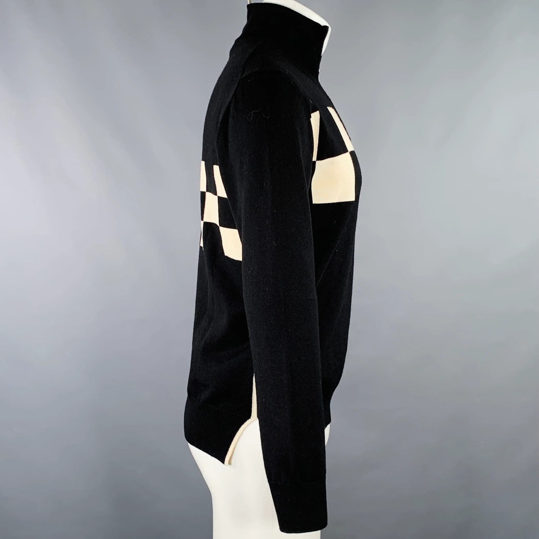 MARNI Size S Black Cream Checkered Wool 1/4 Zip Pullover - Image 2