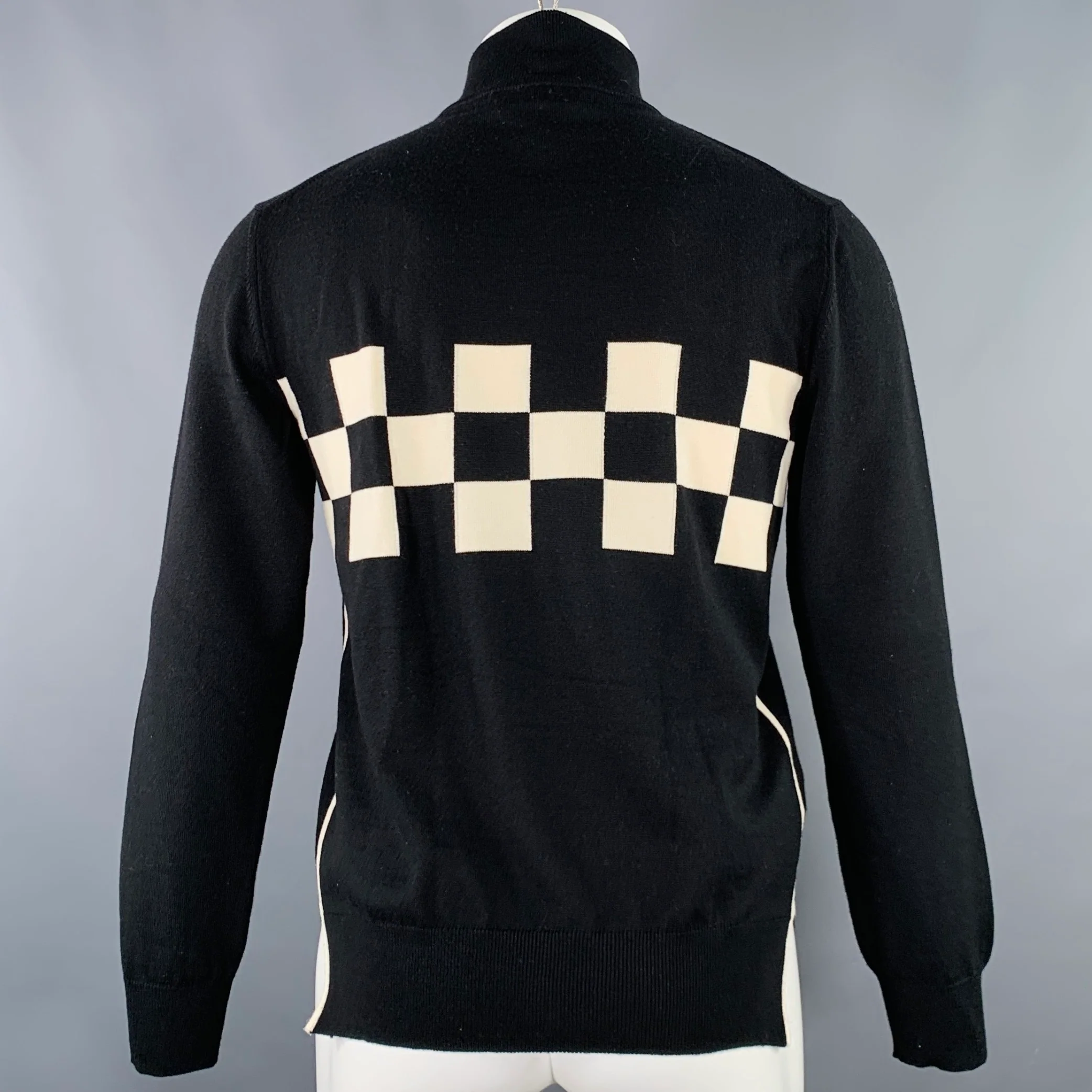 MARNI Size S Black Cream Checkered Wool 1/4 Zip Pullover - Image 3