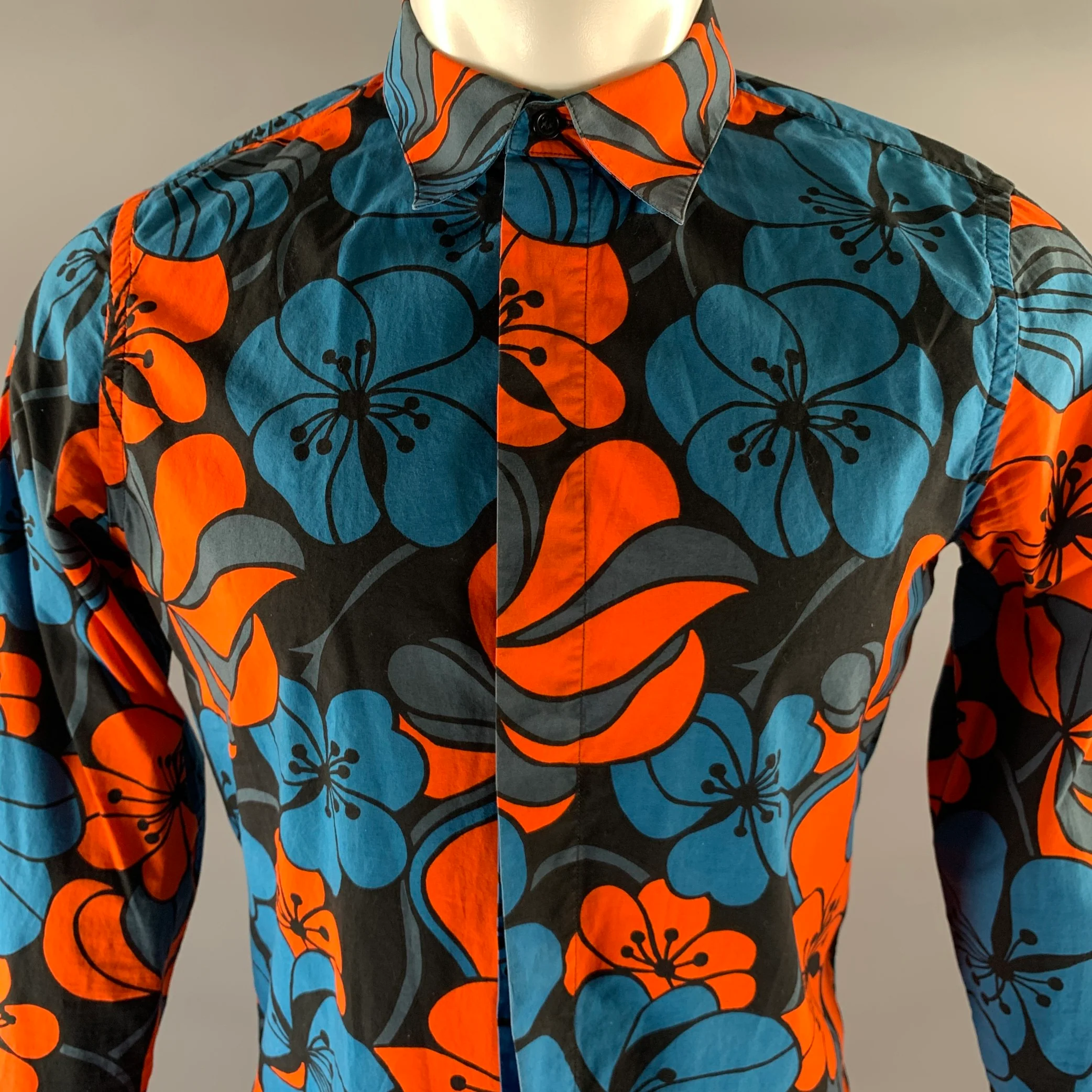 MARNI Size S Blue Black Orange Floral Cotton Pointed Collar Long Sleeve Shirt - Image 2
