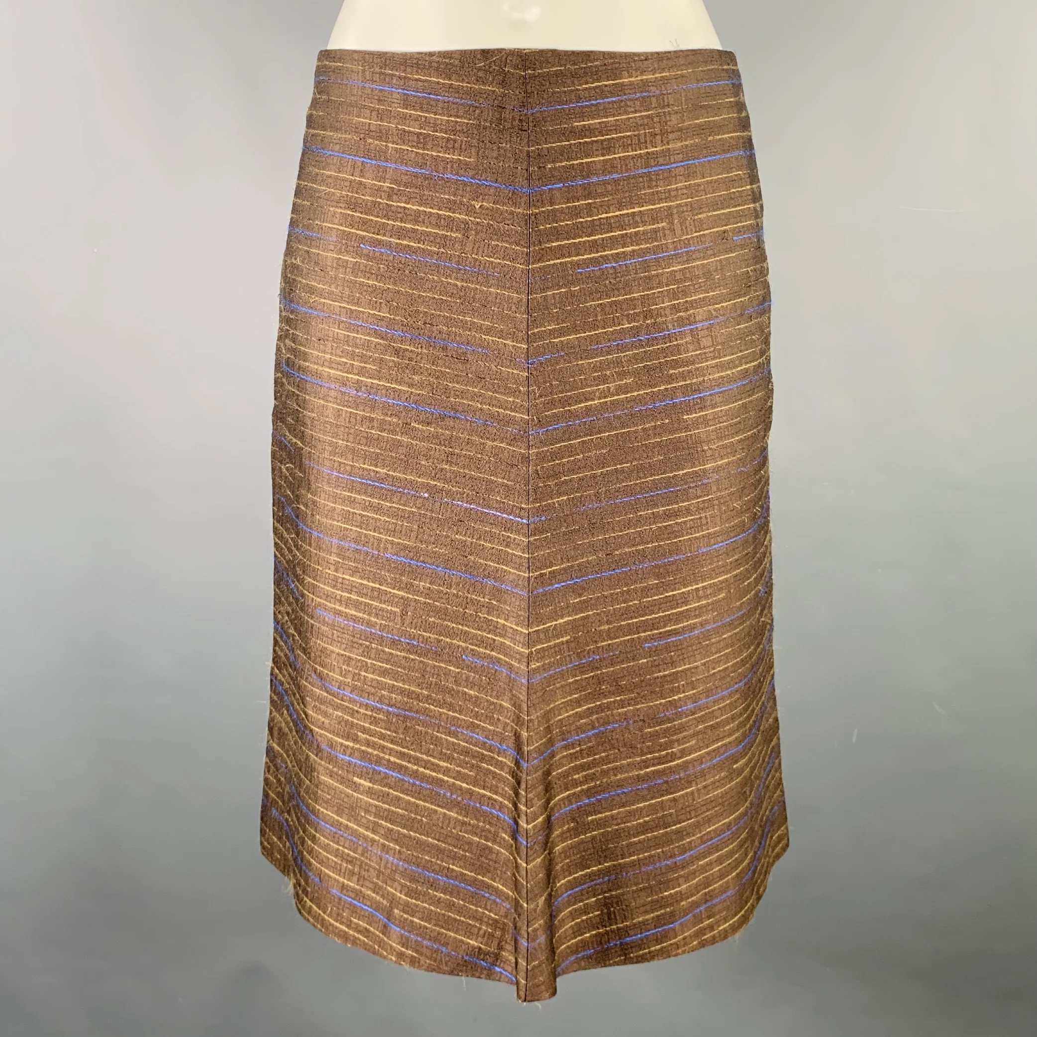 MARNI Size S Brown Blue Tan Silk Stripe A-Line Skirt