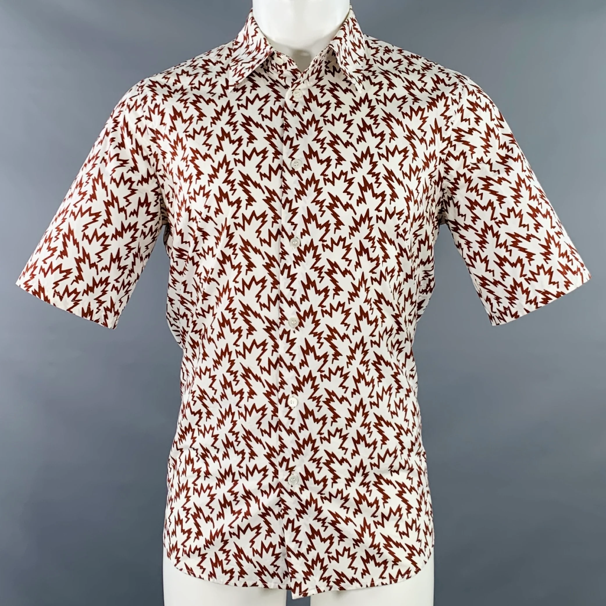 MARNI Size S White Burgundy Abstract Print Cotton Button Up Short Sleeve Shirt