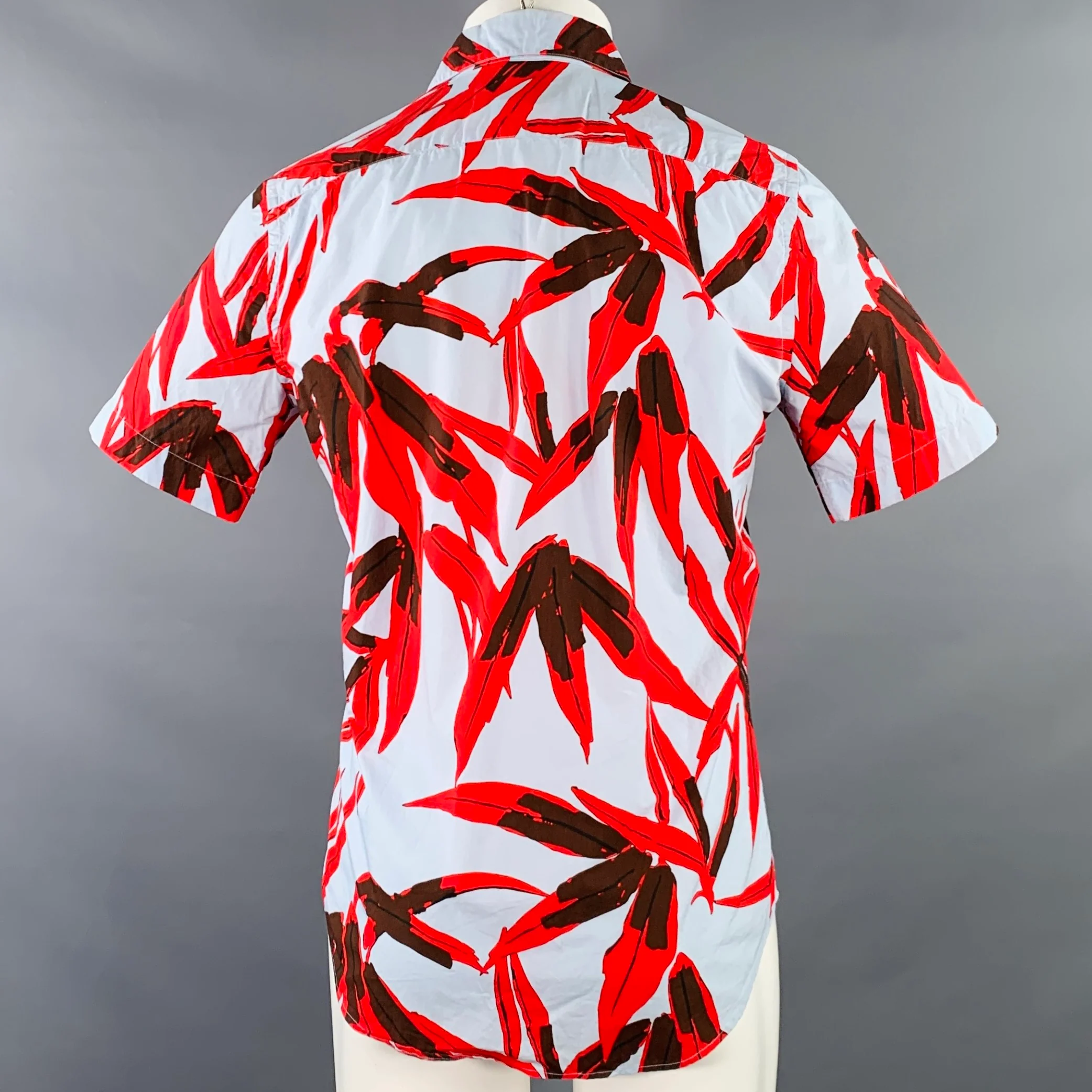 MARNI Size XS Blue Red Brown Leaves Cotton Button Up Short Sleeve Shirt - Image 3