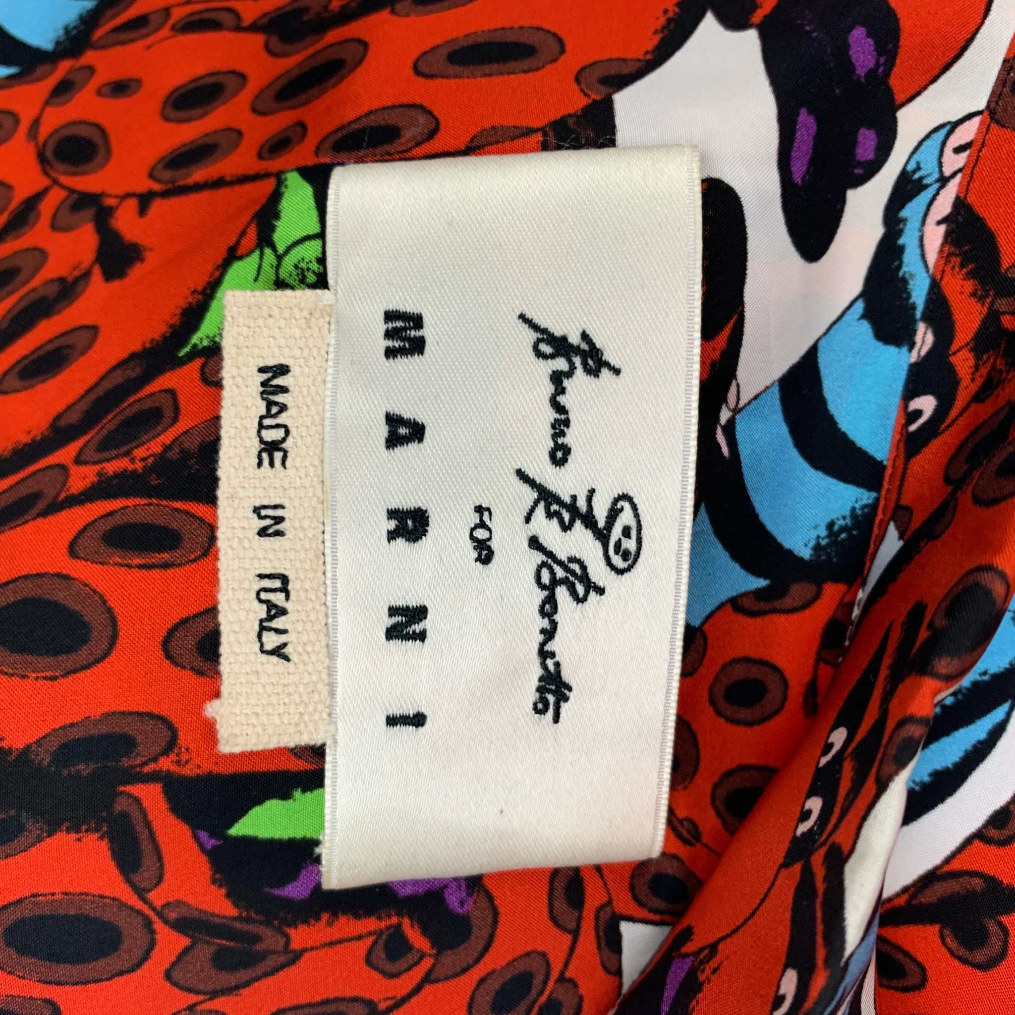 MARNI x BRUNO B BONETTO Size M Orange Black & Blue Print Viscose Camp Short Sleeve Shirt - Image 6