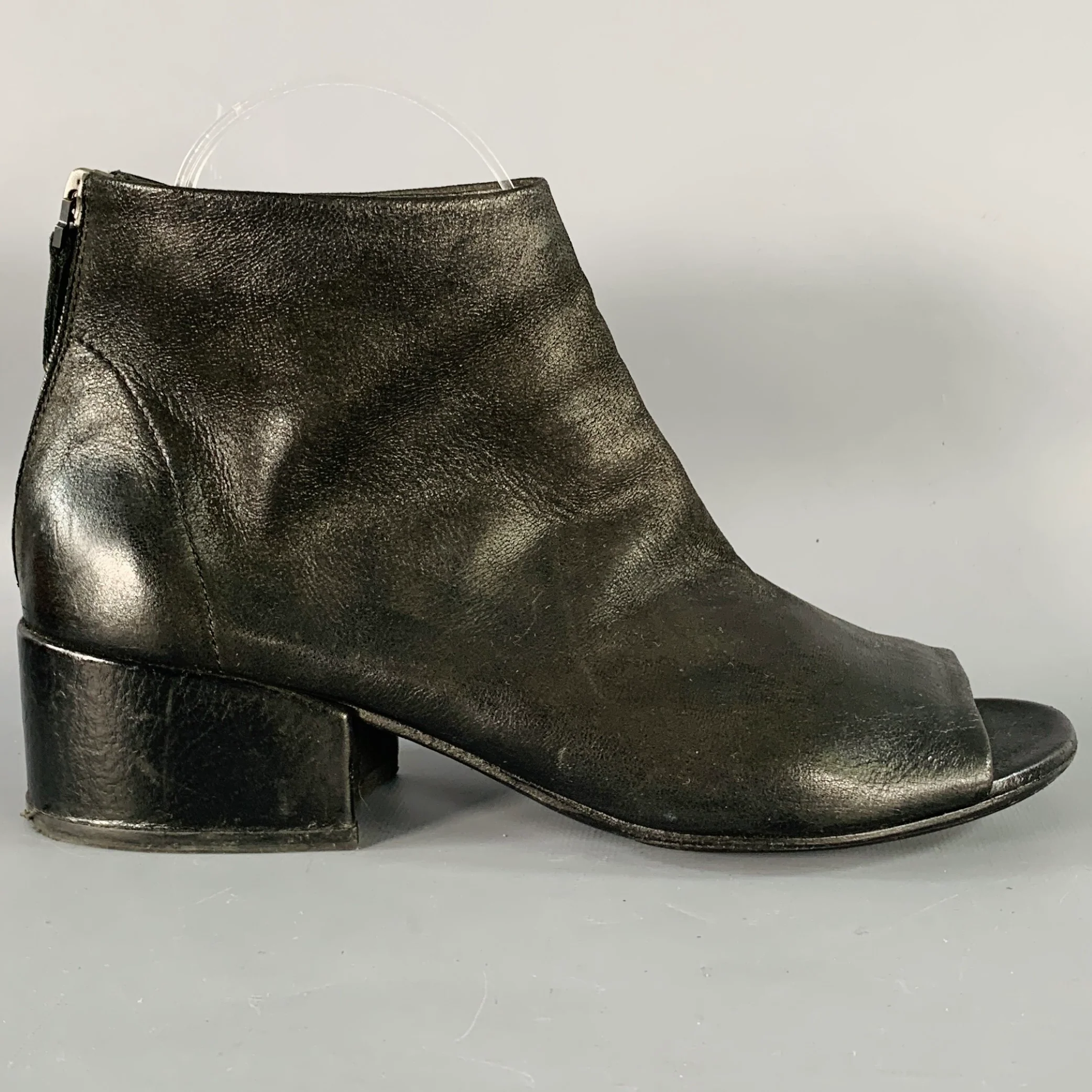 MARSELL Size 7.5 Black Leather Peep Toe Stacked Heel Ankle Boots - Image 3