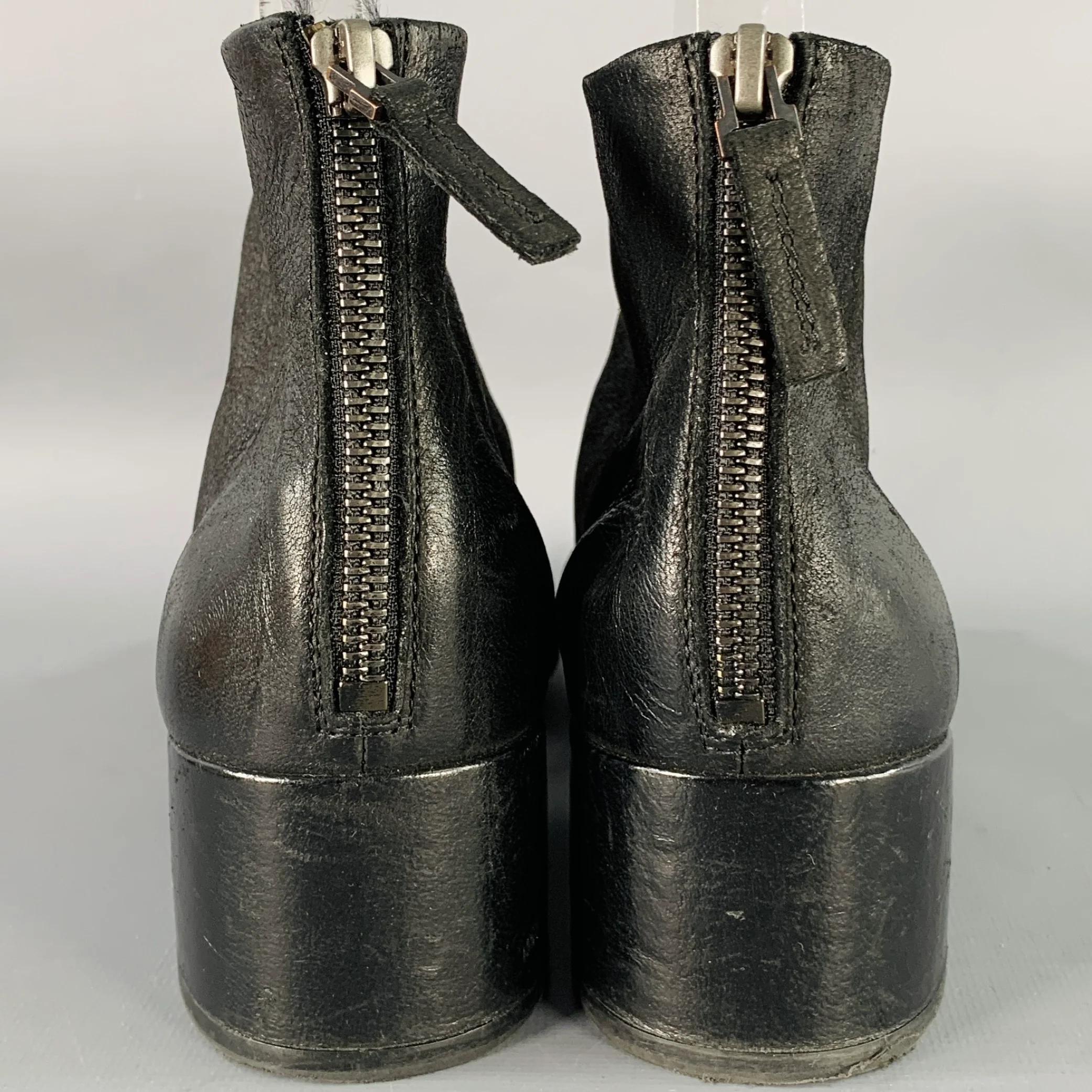 MARSELL Size 7.5 Black Leather Peep Toe Stacked Heel Ankle Boots - Image 4