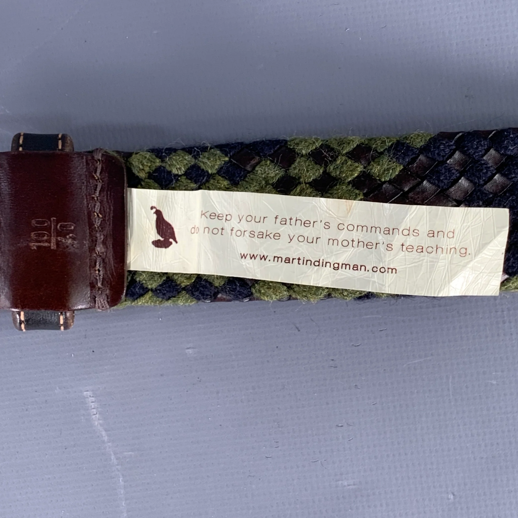 MARTIN DINGMAN Size 40 Green Navy Black Woven Rayon Leather Belt - Image 7