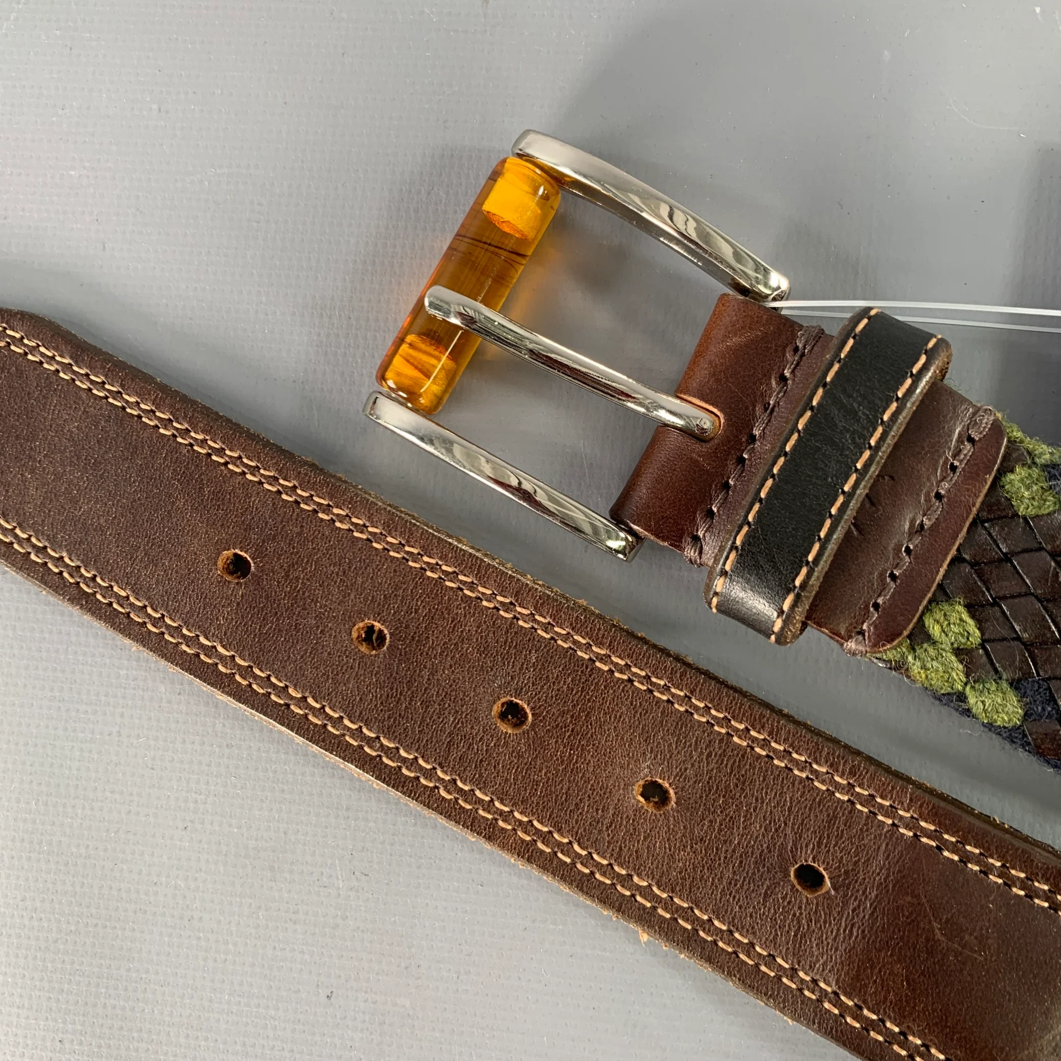 MARTIN DINGMAN Size 40 Green Navy Black Woven Rayon Leather Belt - Image 8