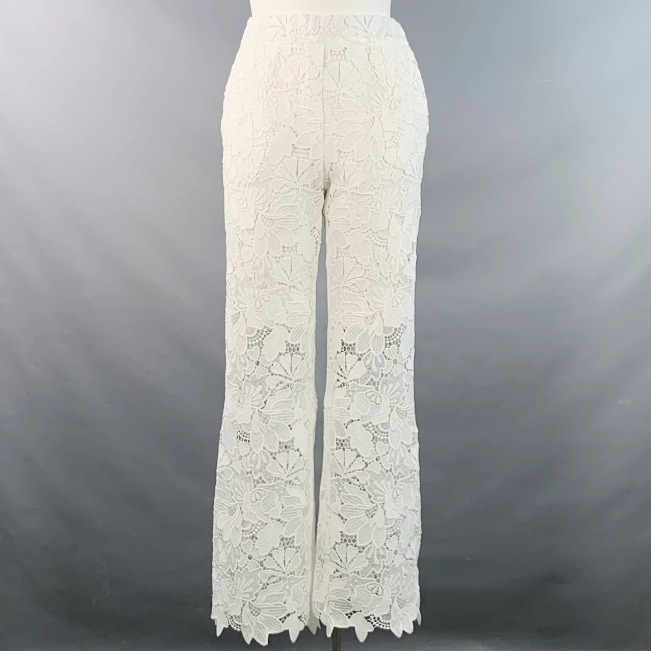 MARTIN MARTIN Size L White Polyester Lace Elastic Waistband Straight Casual Pants