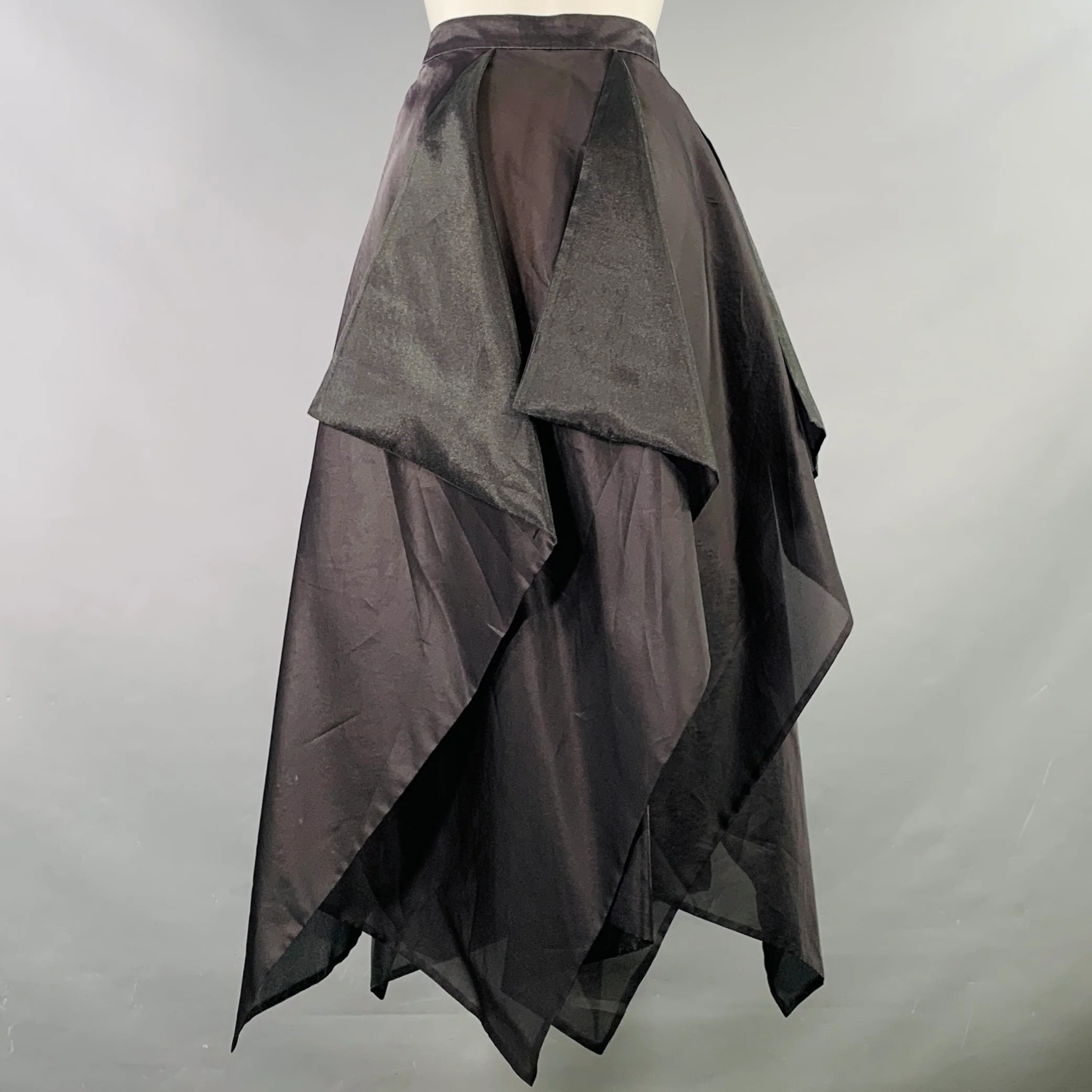 MARY MCFADDEN Size 8 Black Silk Layered Asymmetrical Hem Long Skirt - Image 2