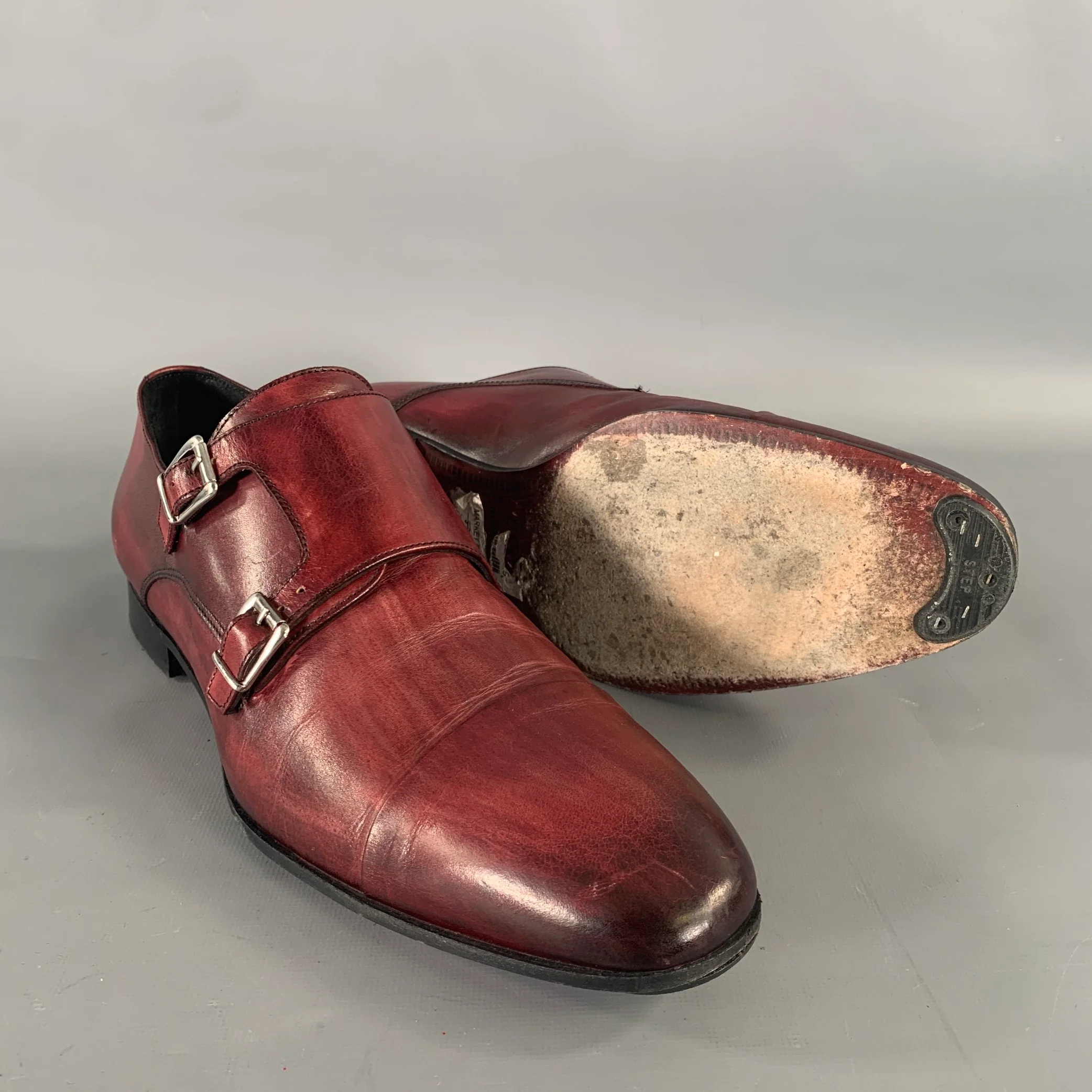 MASSIMO MATTEO Size 9.5 Burgundy Crackled Leather Monk Strap Loafers - Image 5