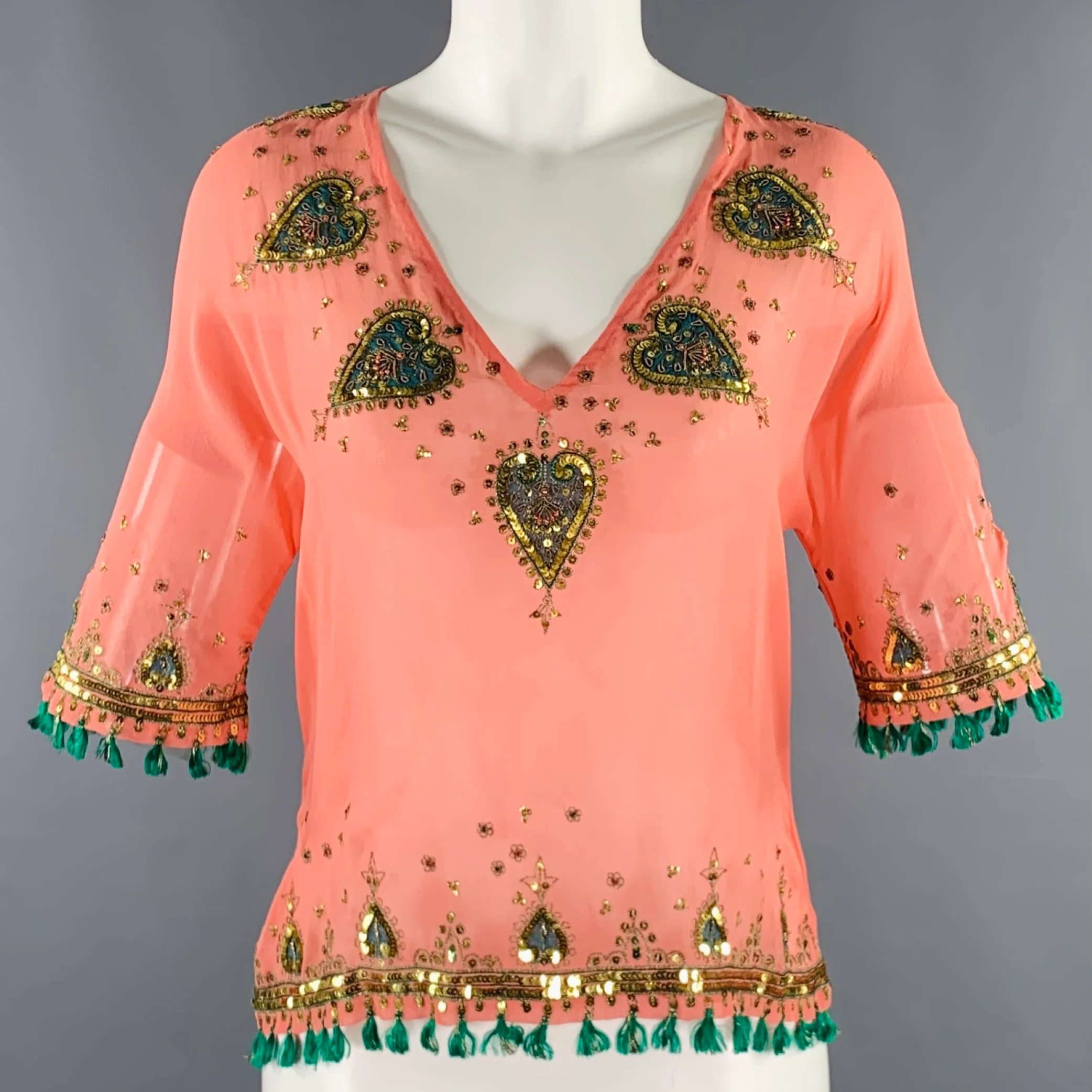 MATTHEW WILLIAMSON Size 6 Orange Green Silk Embroidered 3/4 Sleeves Casual Top
