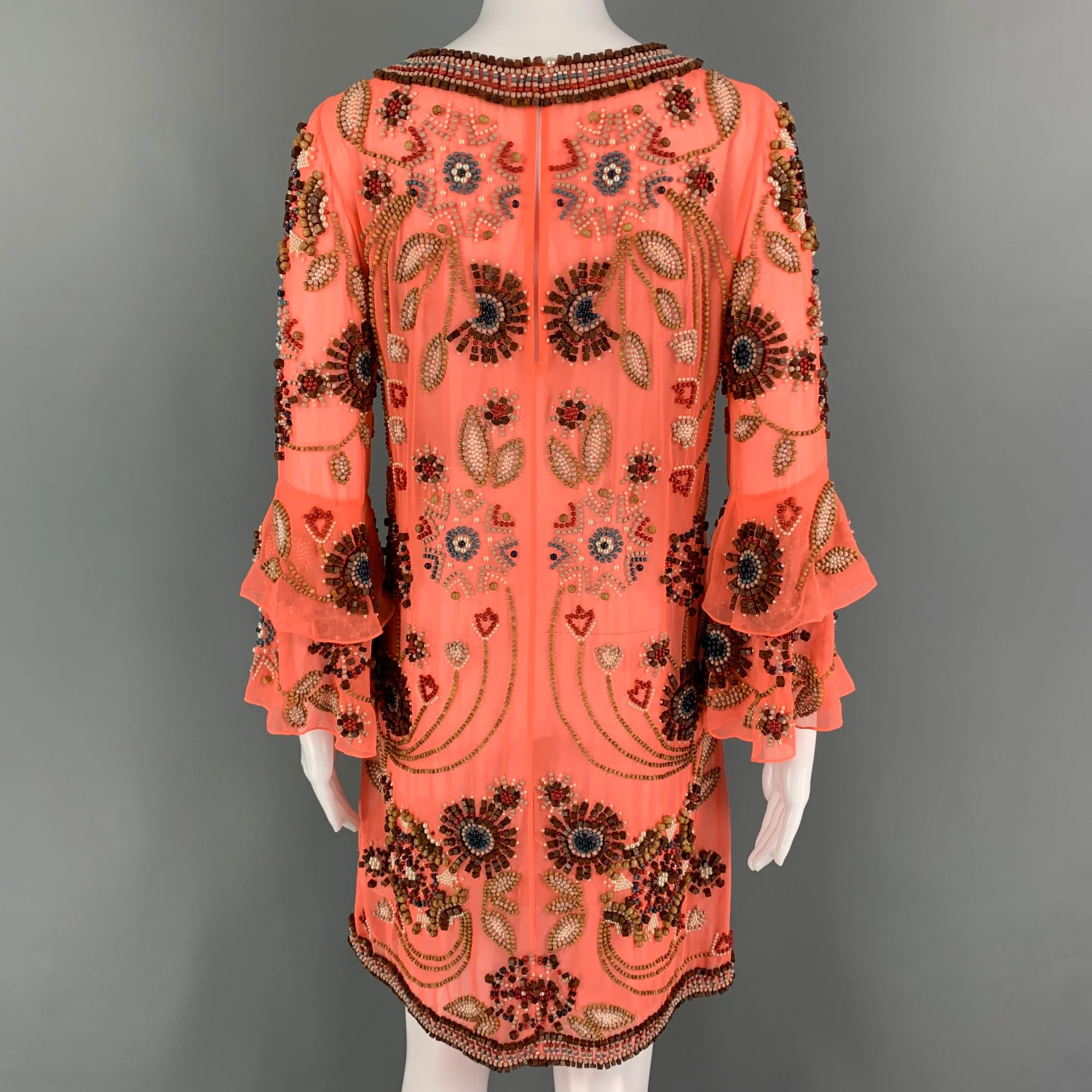 MATTHEW WILLIAMSON Size 8 Orange Multi-Color Polyester Beaded Long Sleeve Dress - Image 4