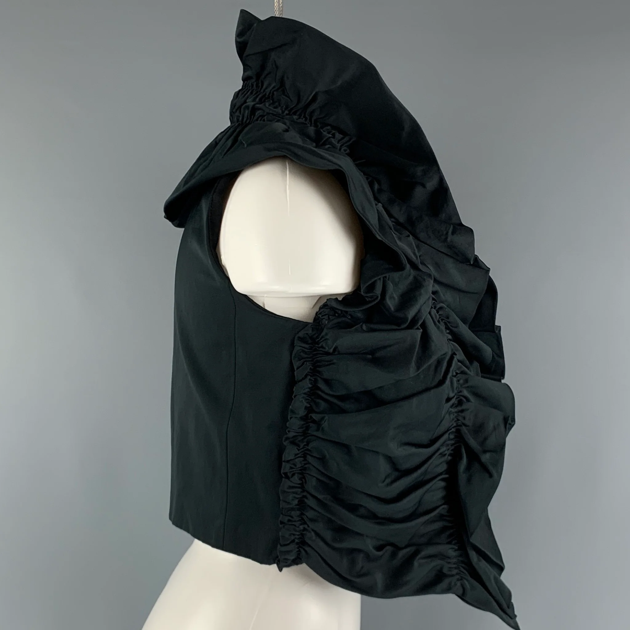 MAX MARA Size 8 Black Cotton Polyester Ruched Open Front Vest - Image 3