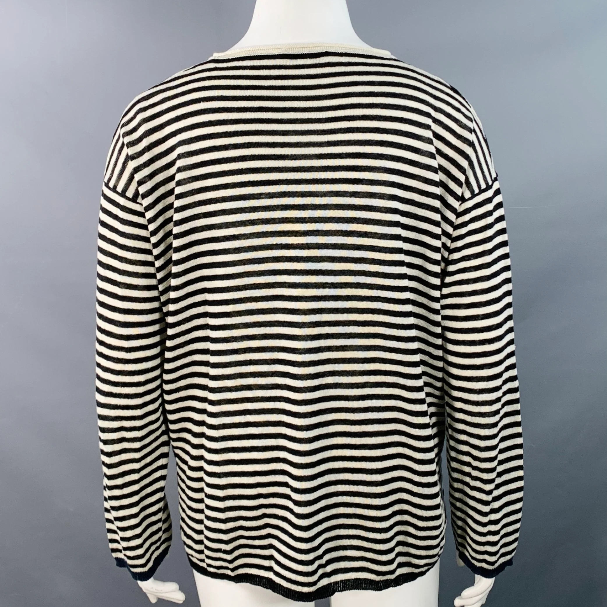 MAX MARA Size L White Black Linen Stripe Boxy Crew Neck Pullover - Image 4