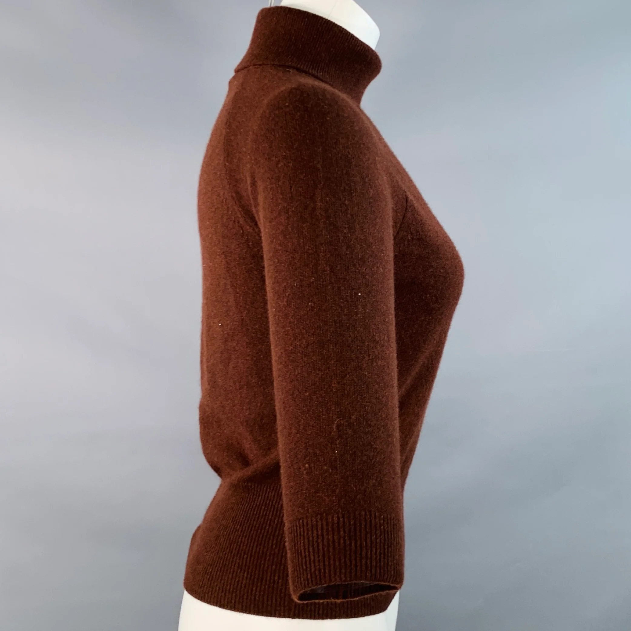 MAX MARA Size S Brown Cashmere Turtleneck Knit 3/4 Sleeves Pullover - Image 2