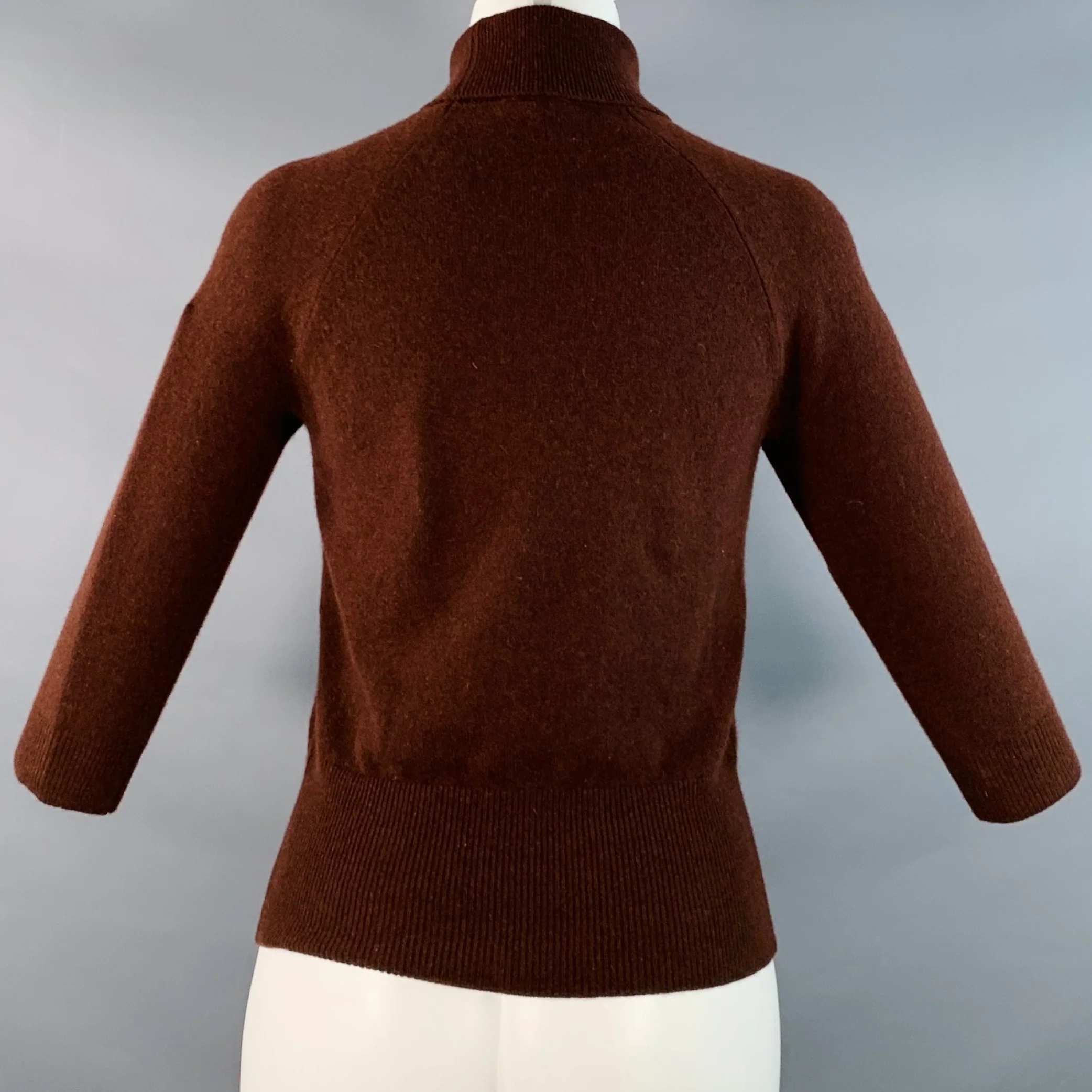 MAX MARA Size S Brown Cashmere Turtleneck Knit 3/4 Sleeves Pullover - Image 3