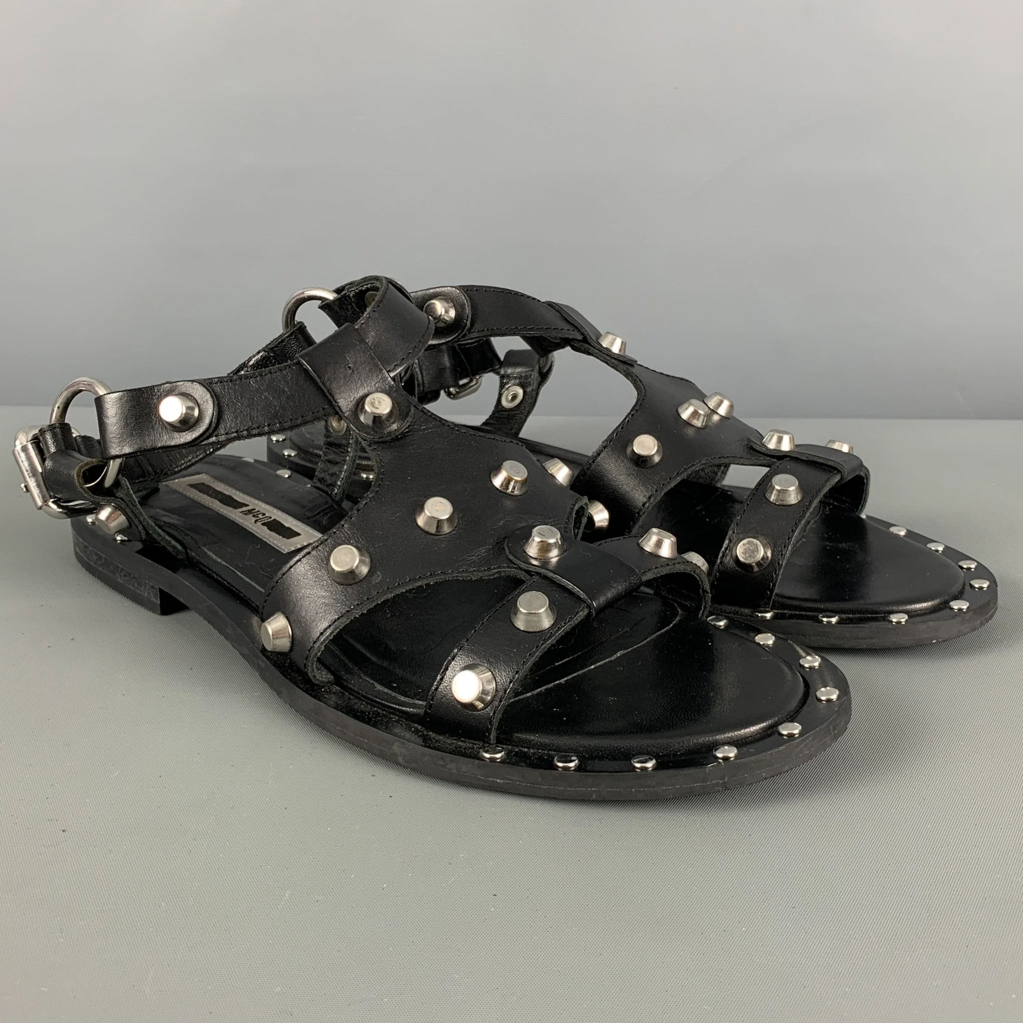 MCQ by ALEXANDER MCQUEEN Size 8 Black Leather Studded Flat Sandals