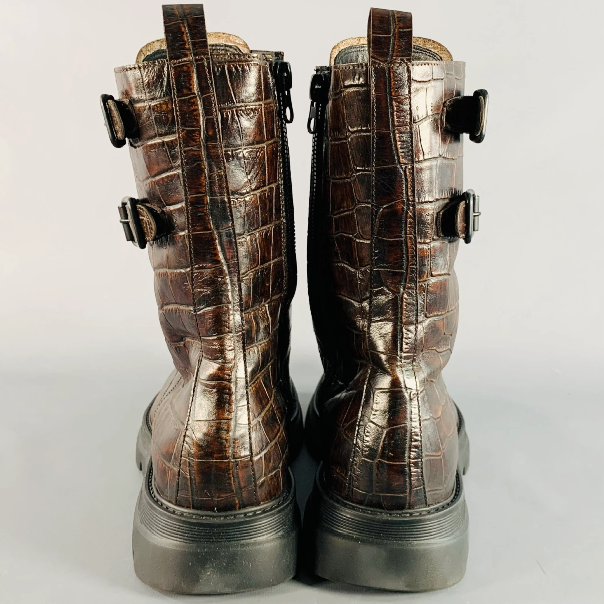 MICH SIMON Size 11 Brown Croc Embossed Leather Lace-Up Belt Calf High Military Boots - Image 3