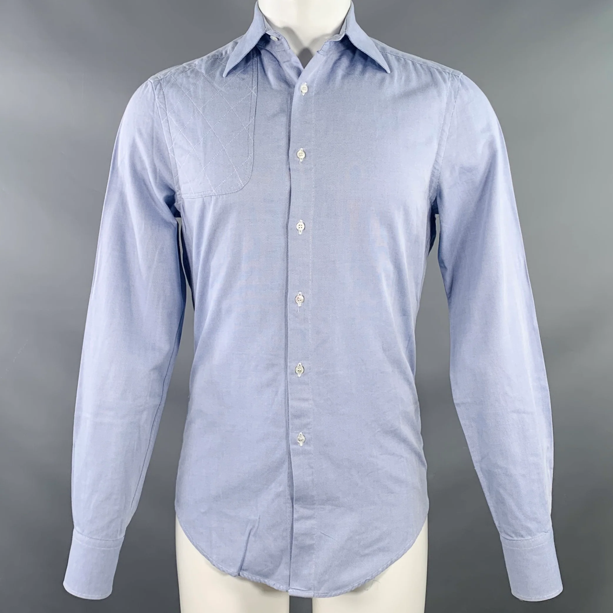 MICHAEL BASTIAN Size 38 Blue Quilted Cotton Spread Collar Long Sleeve Shirt