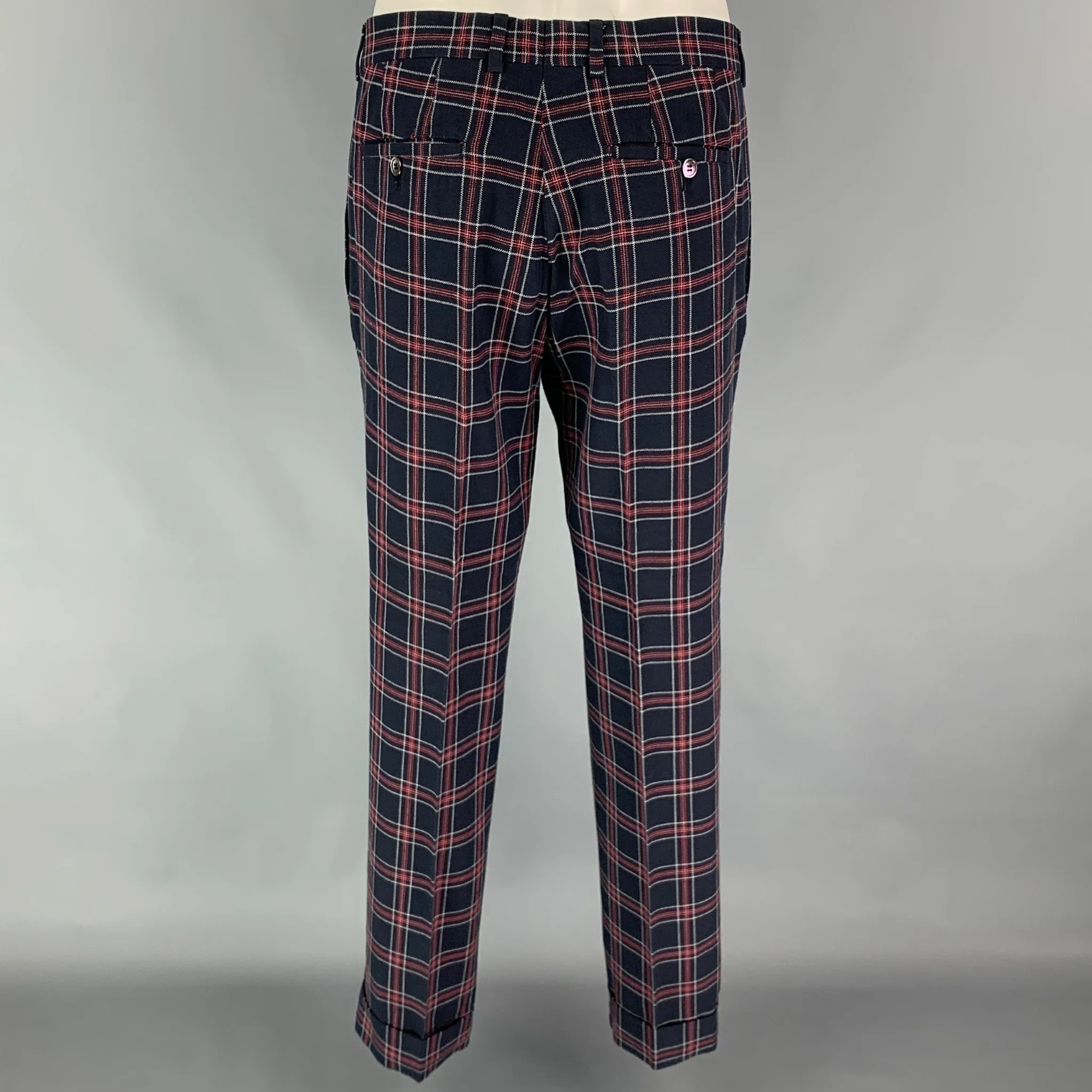 MICHAEL BASTIAN Size 38 Navy Red Plaid Cotton Peak Lapel Suit - Image 6