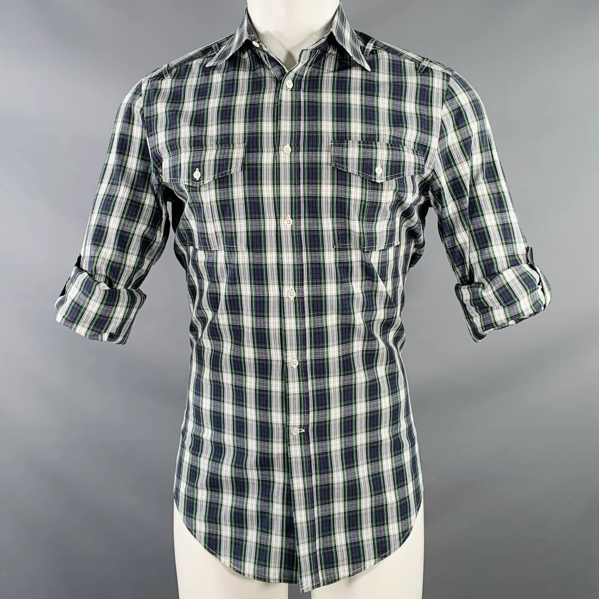 MICHAEL BASTIAN Size S Navy White Green Plaid Cotton Roll Tab Long Sleeve Shirt - Image 2