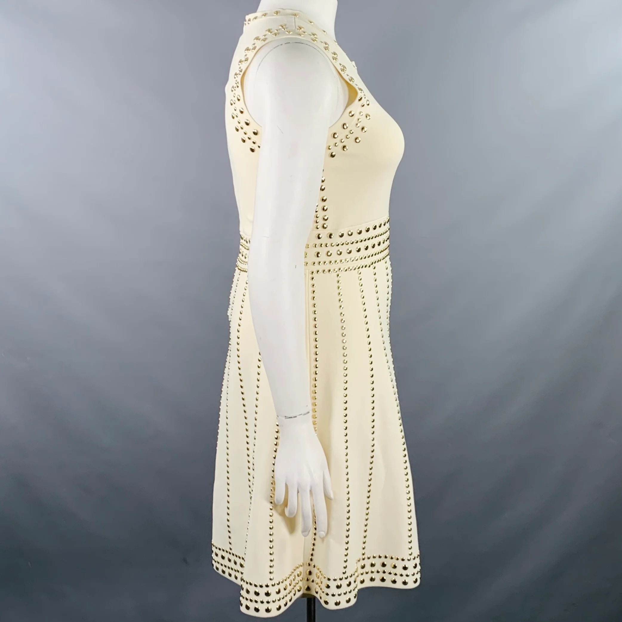 MICHAEL by MICHAEL KORS Size L Cream Gold Viscose Studded Sleeveless Dress - Image 3