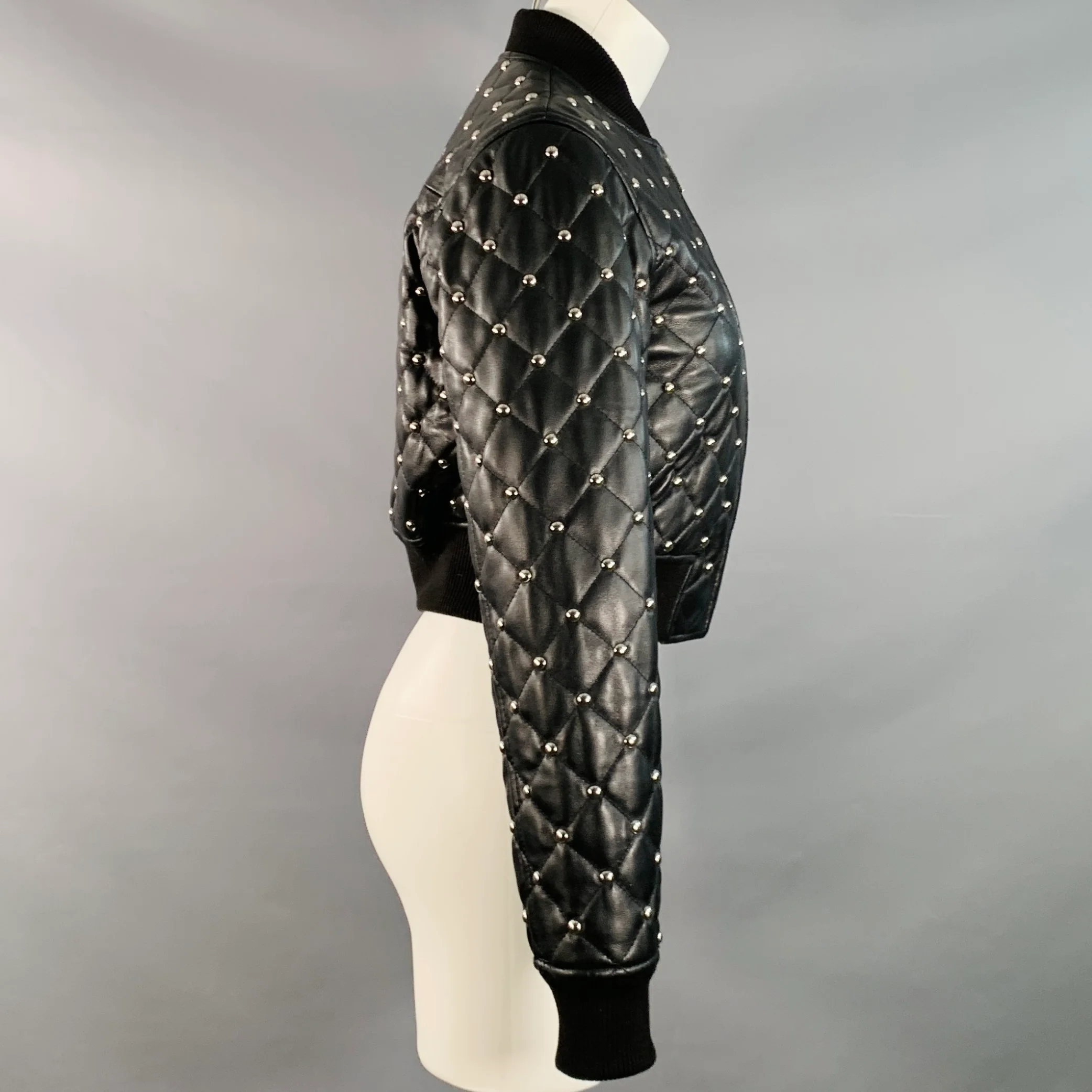 MICHAEL by MICHAEL KORS Size XS Black Quilted Leather Studded Cropped Bomber Jacket - Image 3