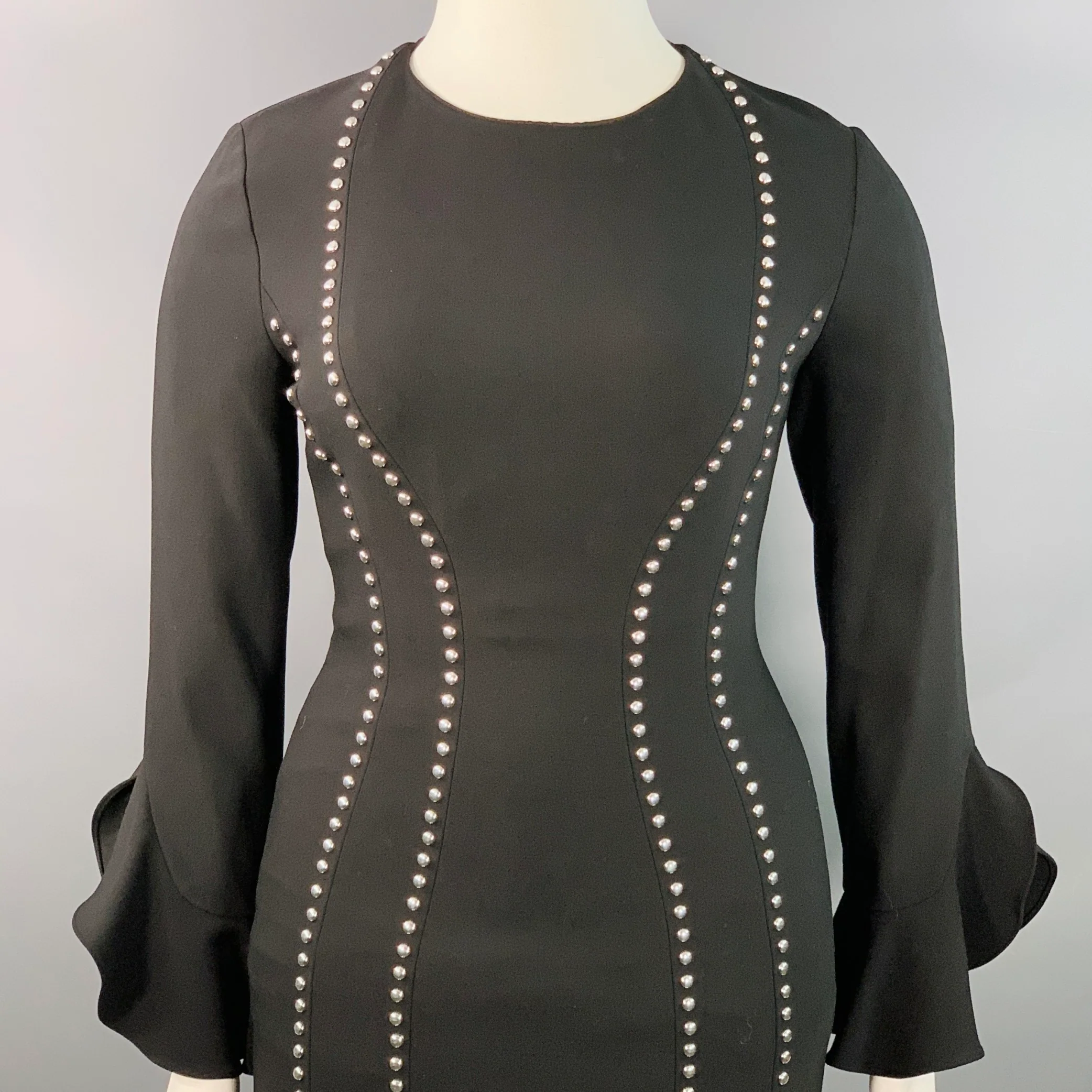 MICHAEL KORS COLLECTION Size 10 Black Wool Blend Studded Ruffle Sleeve Shift Dress - Image 2
