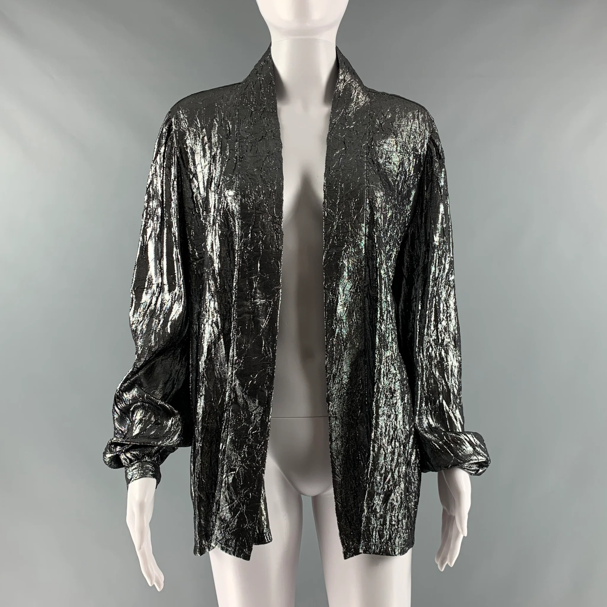 MICHAEL KORS COLLECTION Size 10 Silver Metallic Open Front Blouse
