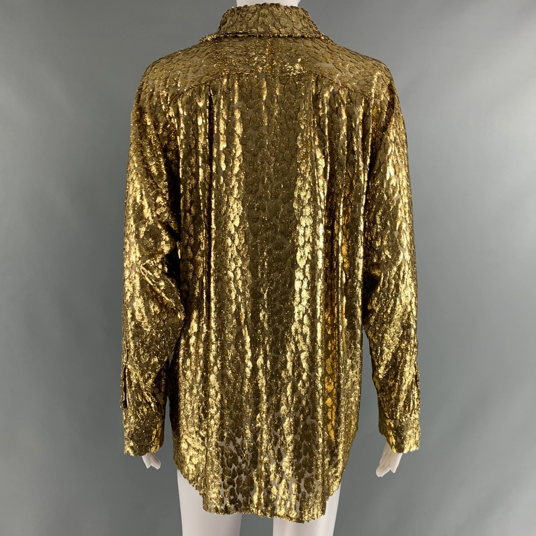 MICHAEL KORS -COLLECTION- Size 4 Gold Polyester Silk Metallic Button Up Blouse - Image 4