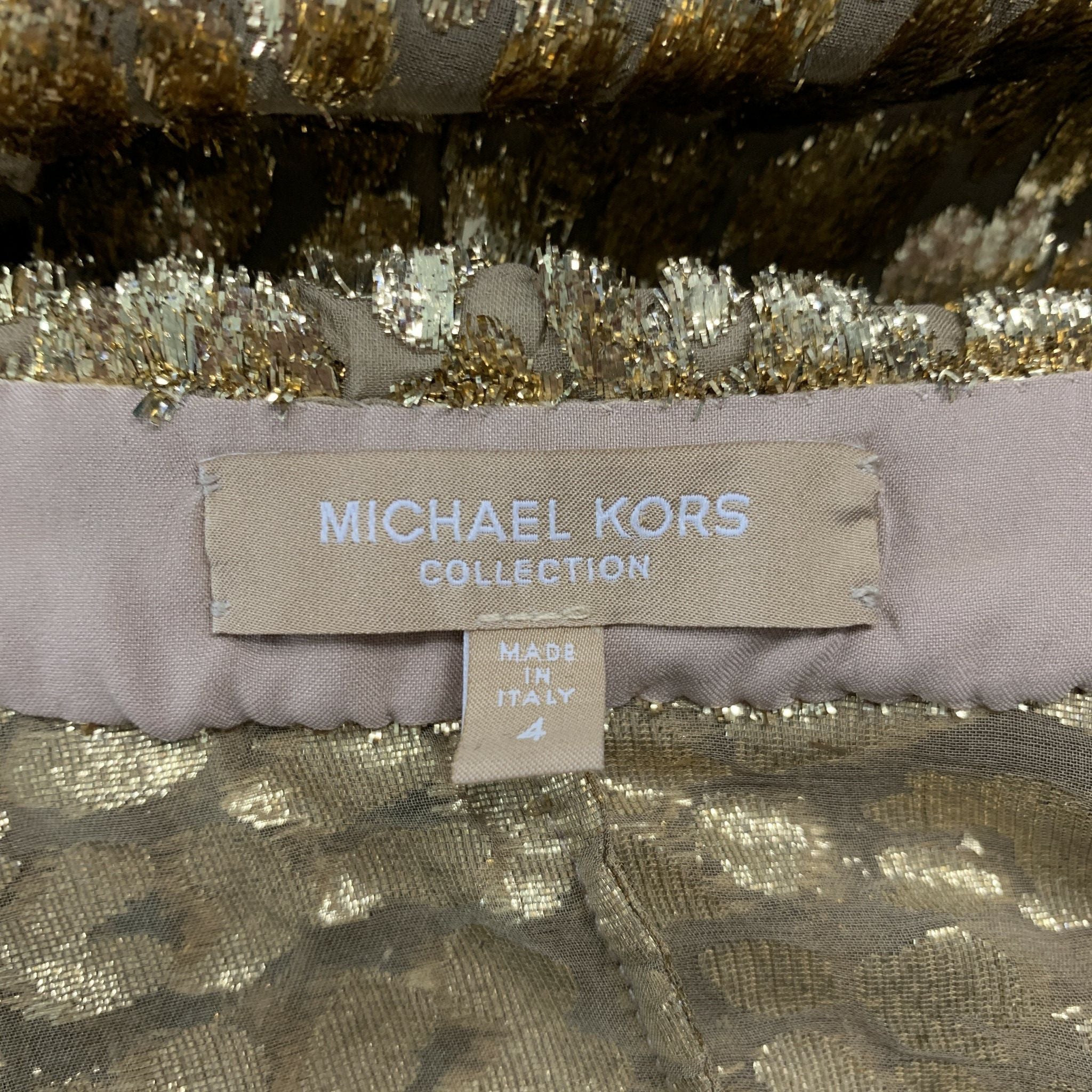 MICHAEL KORS -COLLECTION- Size 4 Gold Polyester Silk Metallic Button Up Blouse - Image 5