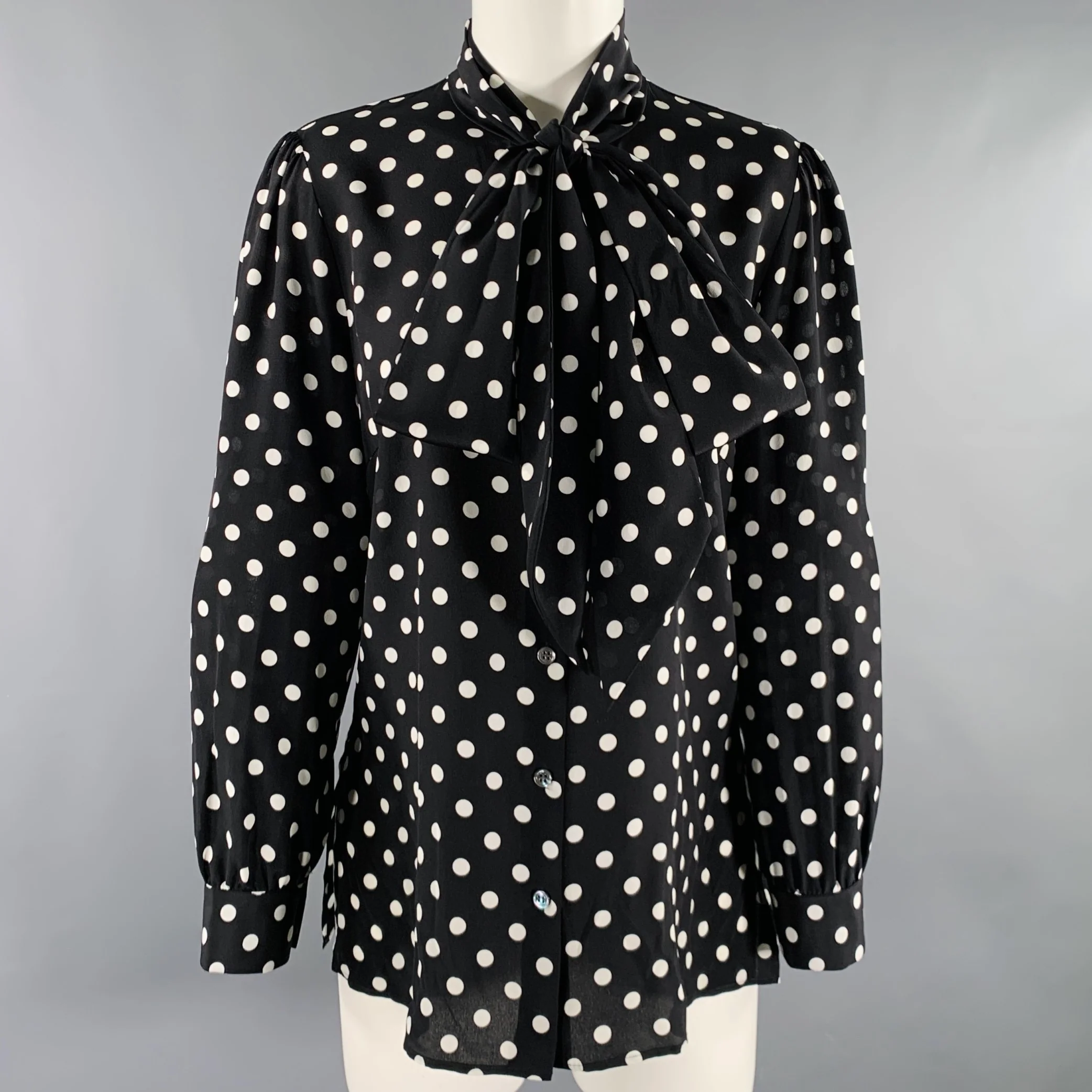 MICHAEL KORS COLLECTION Size 8 Black White Polka Dot Bow Shirt