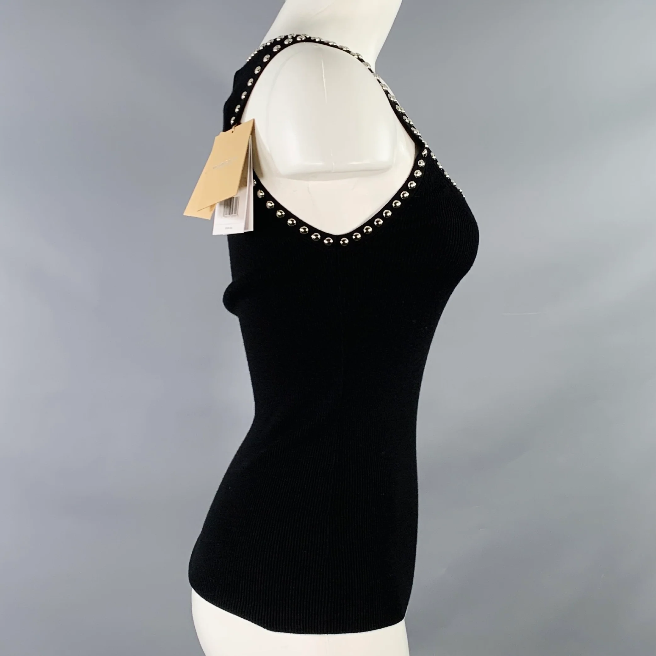 MICHAEL KORS COLLECTION Size S Black Silver Viscose Blend Rib Knit Studded Tank Casual Top - Image 3
