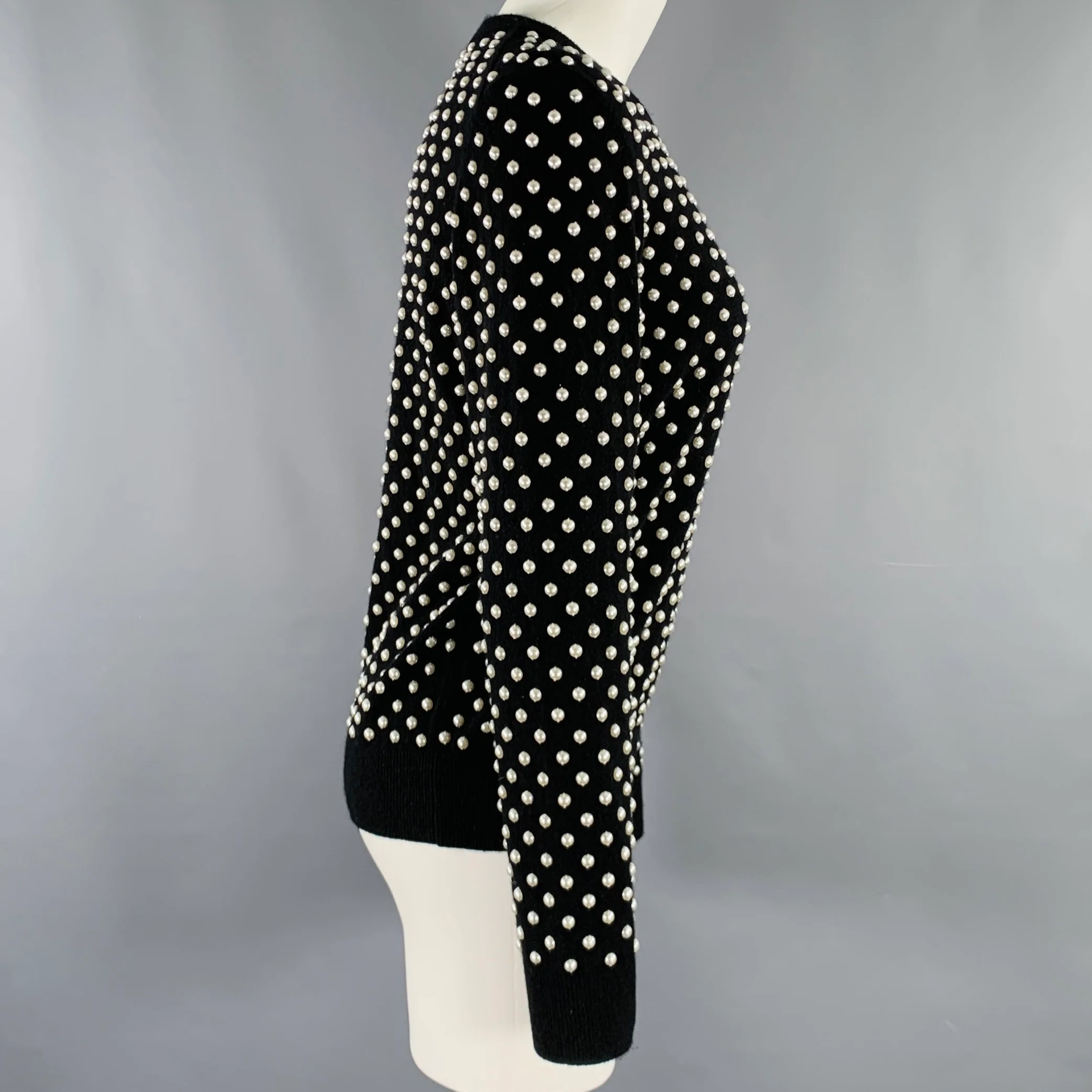 MICHAEL KORS Size M Black White Cashmere Pearls Crew Neck Sweater - Image 3