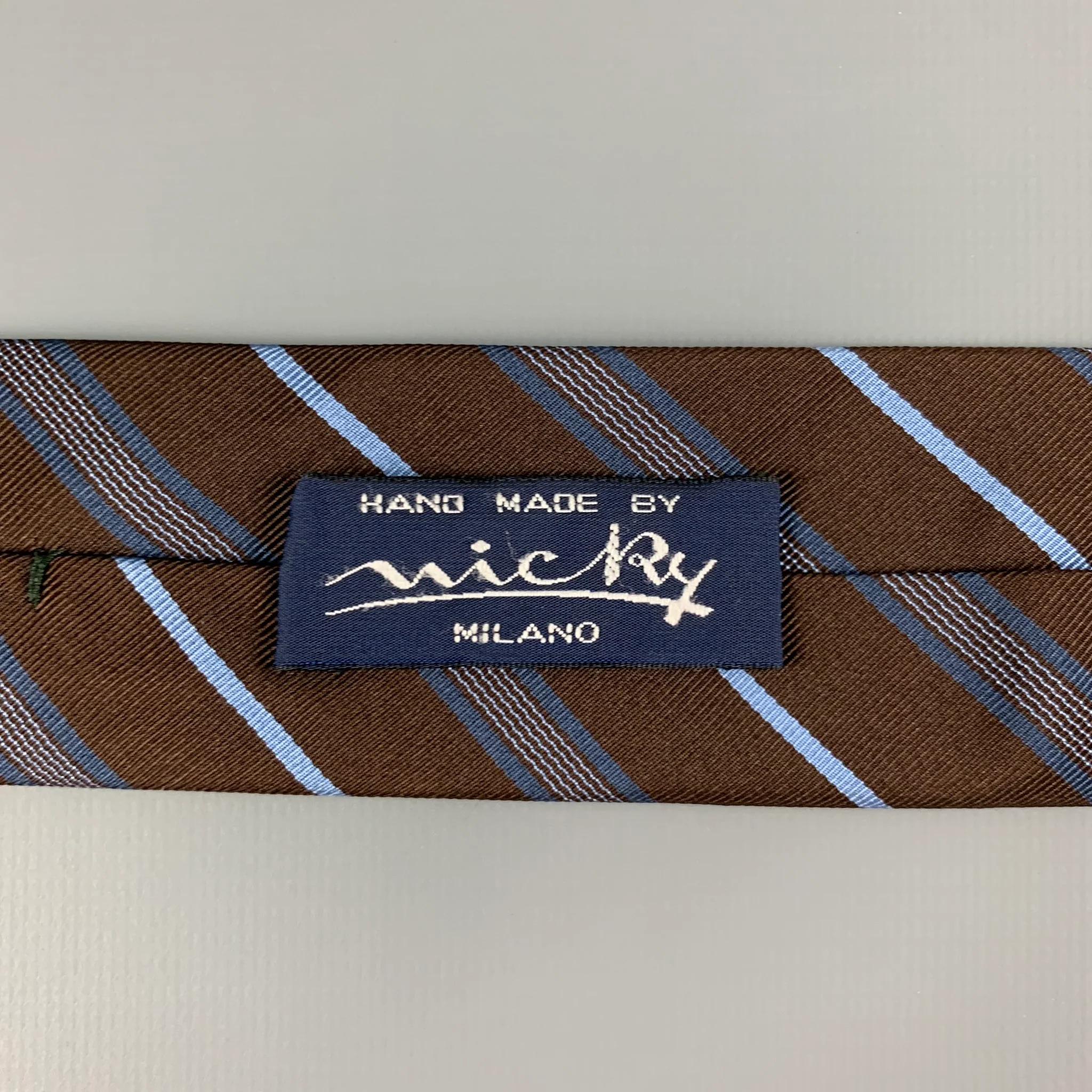 MICKY Brown Blue Diagonal Stripe Silk / Cotton Twill Tie - Image 5