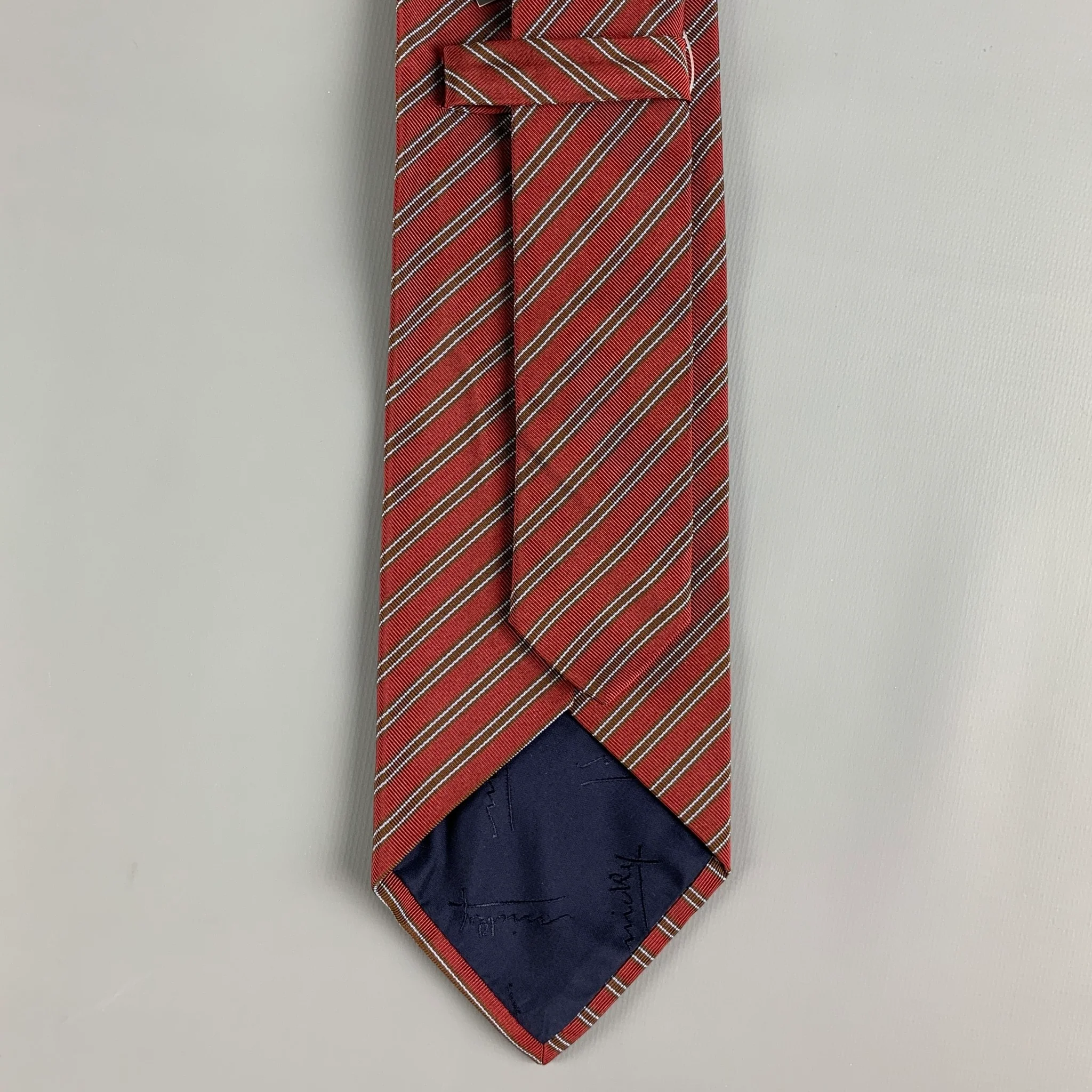 MICKY Burgundy Brown Diagonal Stripe Silk / Cotton Tie - Image 4