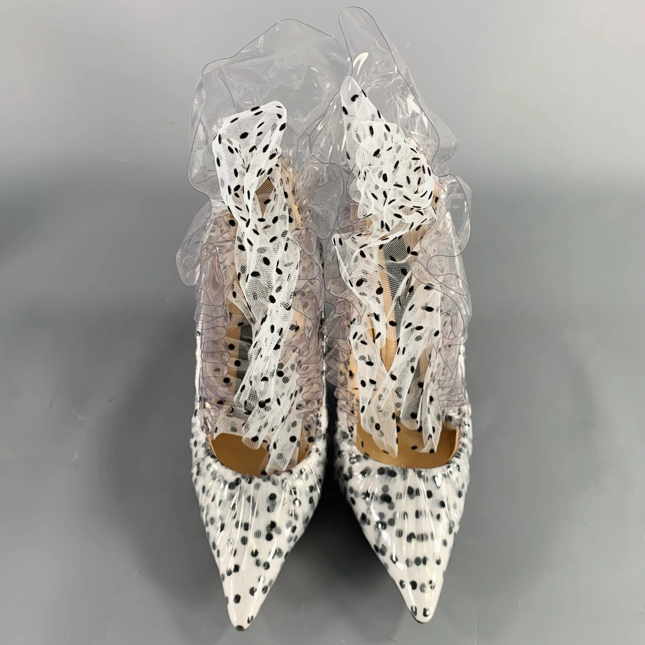 MIDNIGHT 00 Size 7.5 White Black Tulle Polka Dot Leather Trim Stiletto Heels Pumps - Image 4